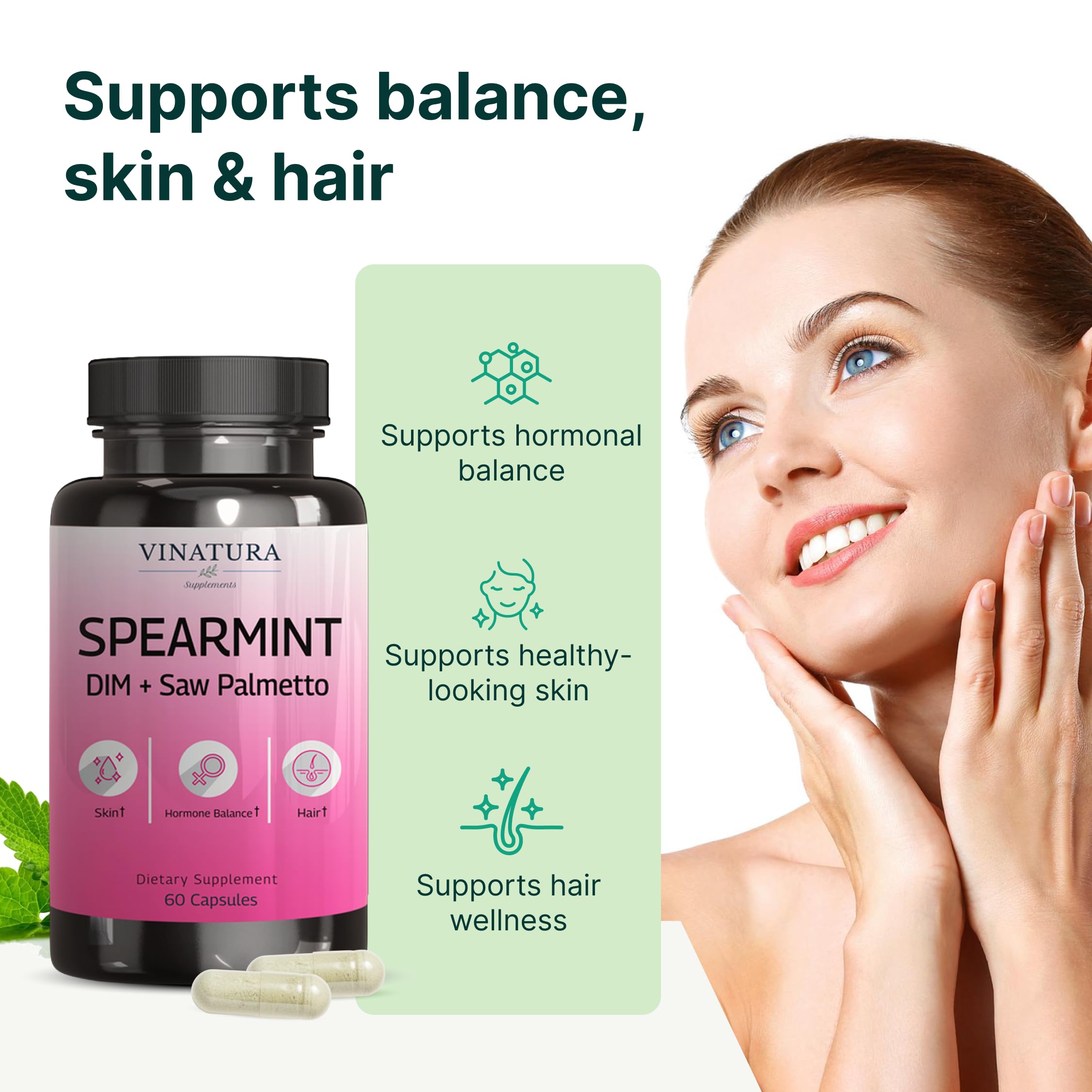 VINATURA Spearmint Leaf Capsules Supplement - Enhanced with DIM & Saw Palmetto, for Unwanted Hair, Women' Health & Skin *USA Made & Tested* - 1380mg/serving, 60 Capsules (30 Servings) VINATURA uk supplements