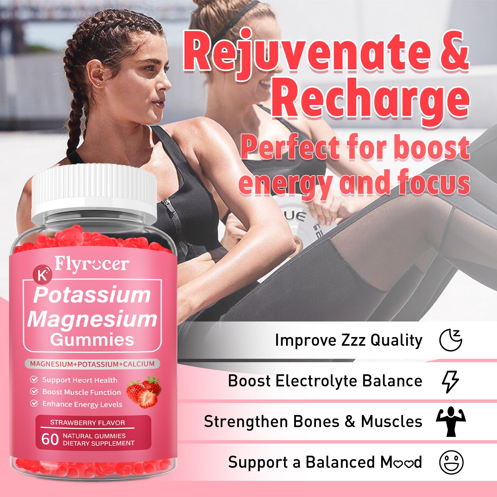 2 Pack Potassium Magnesium Gummies for Men & Women, Potassium Magnesium Supplement for Leg Cramps, Muscle Health, & Electrolyte Balance, Strawberry Flavor, 120 Gummies Flyrocer uk supplements