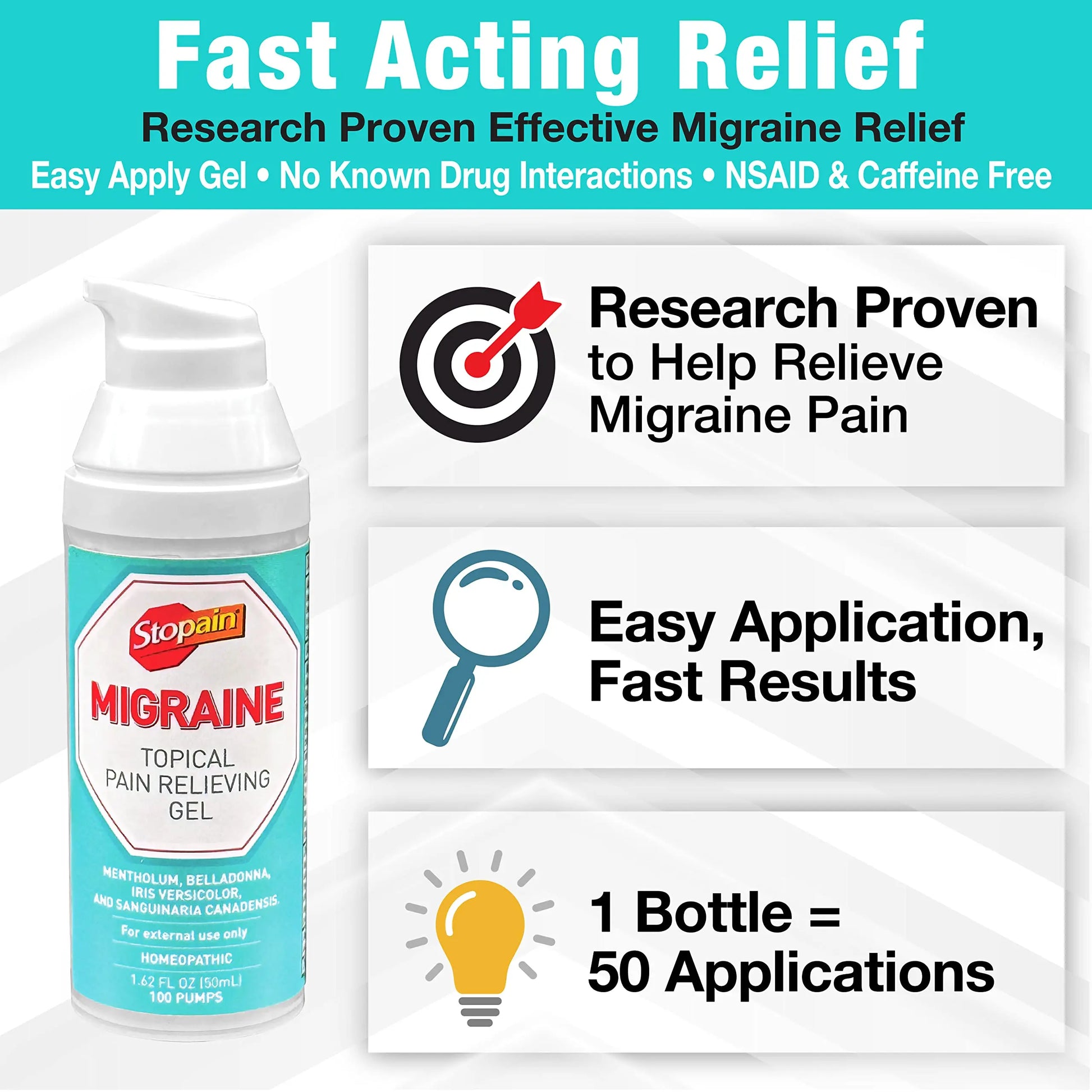 Stopain Migraine Pain Relief Gel Pump, 1.62oz (2 Pack), USA Made, Max Strength Fast Acting Research Proven Effective Topical, No Known Side Effects or Drug Interactions, HSA FSA Approved Products Stopain uk supplements