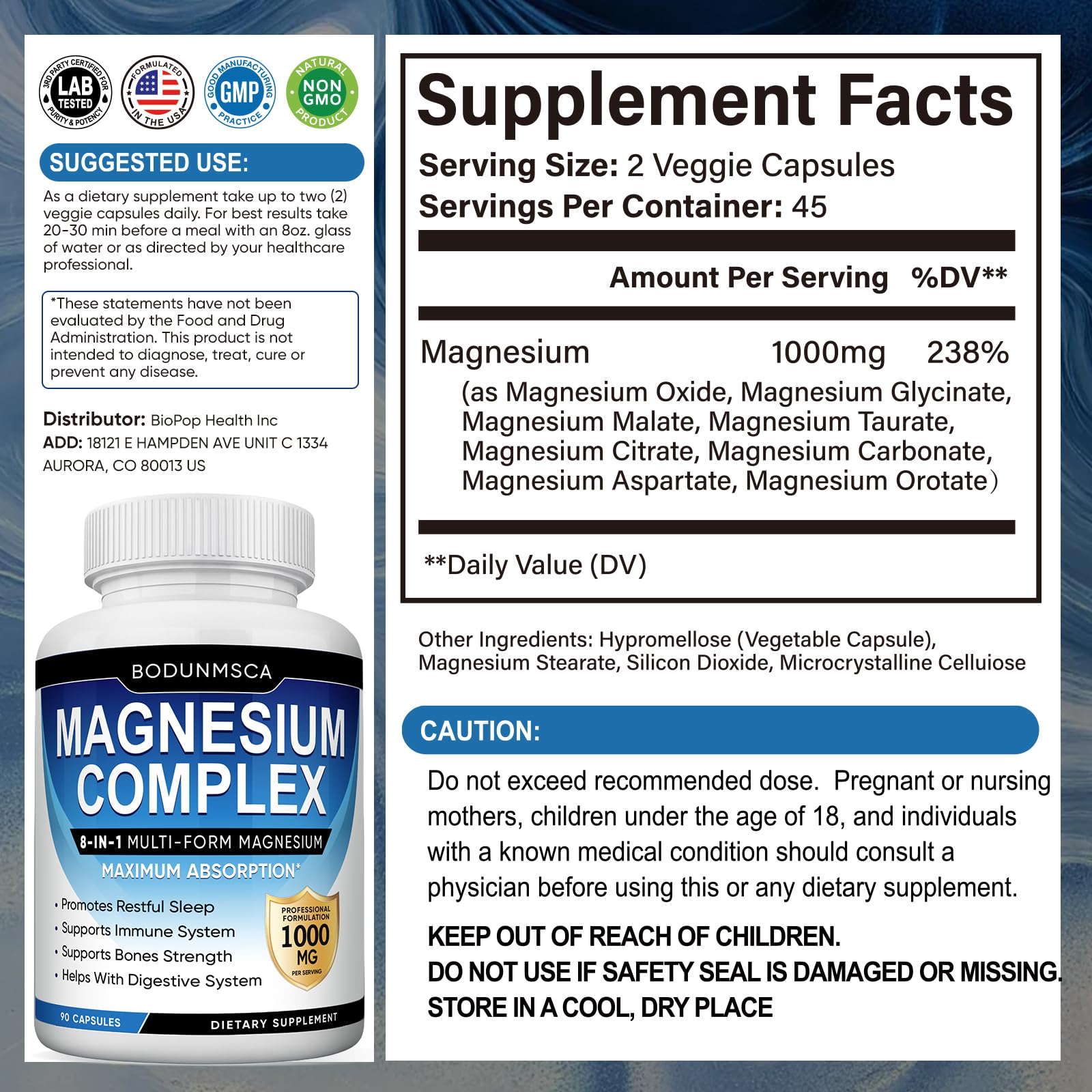 Magnesium Complex, 8 in 1, 1000mg-Glycinate, Citrate, Malate for Easy Absorption, Full Spectrum Magnesium Complex,Supports Relaxation, Sleep & Muscle Function, Magnesio Complex for Women, 180 Capsules BODUNMSCA uk supplements