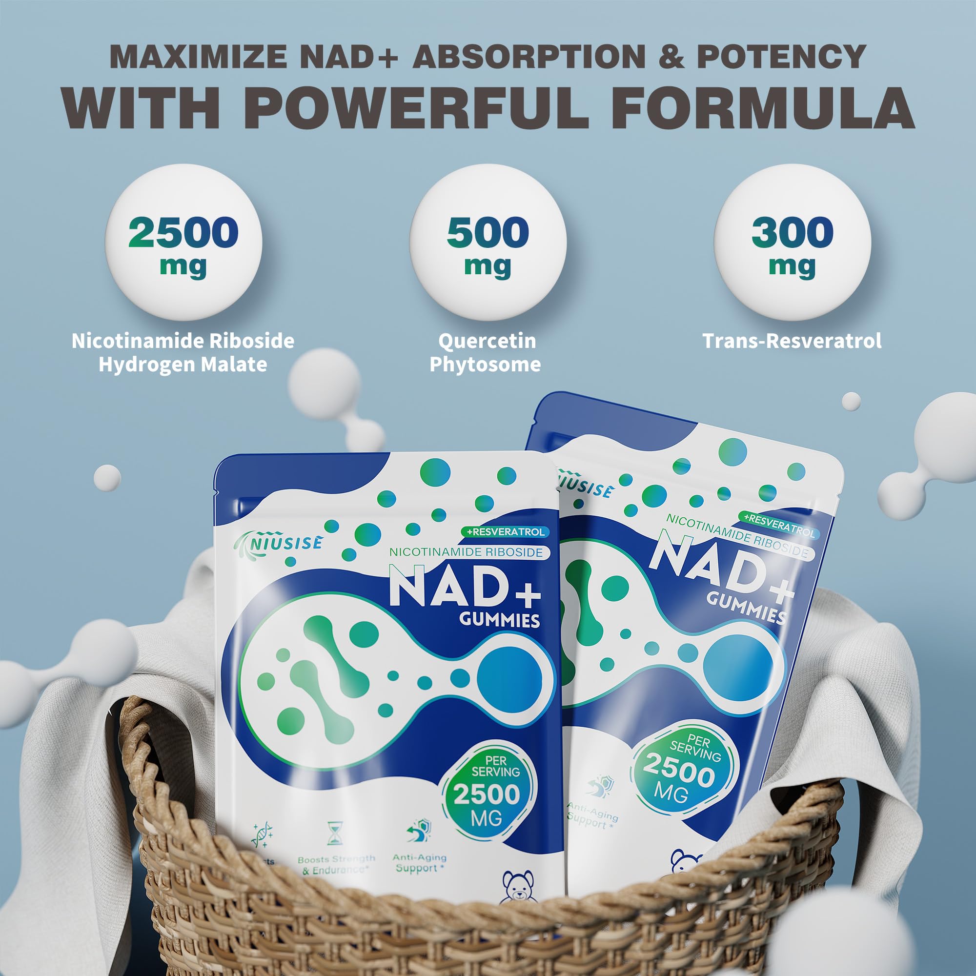 NIUSISE NAD Gummies Sugar Free, NAD+ Supplement with Liposomal Nicotinamide Riboside, Resveratrol, Quercetin, NAD Supplement for Anti-Aging, Energy, Cellular Health, Blueberry Flavor, 60 Gummies NIUSISE uk supplements