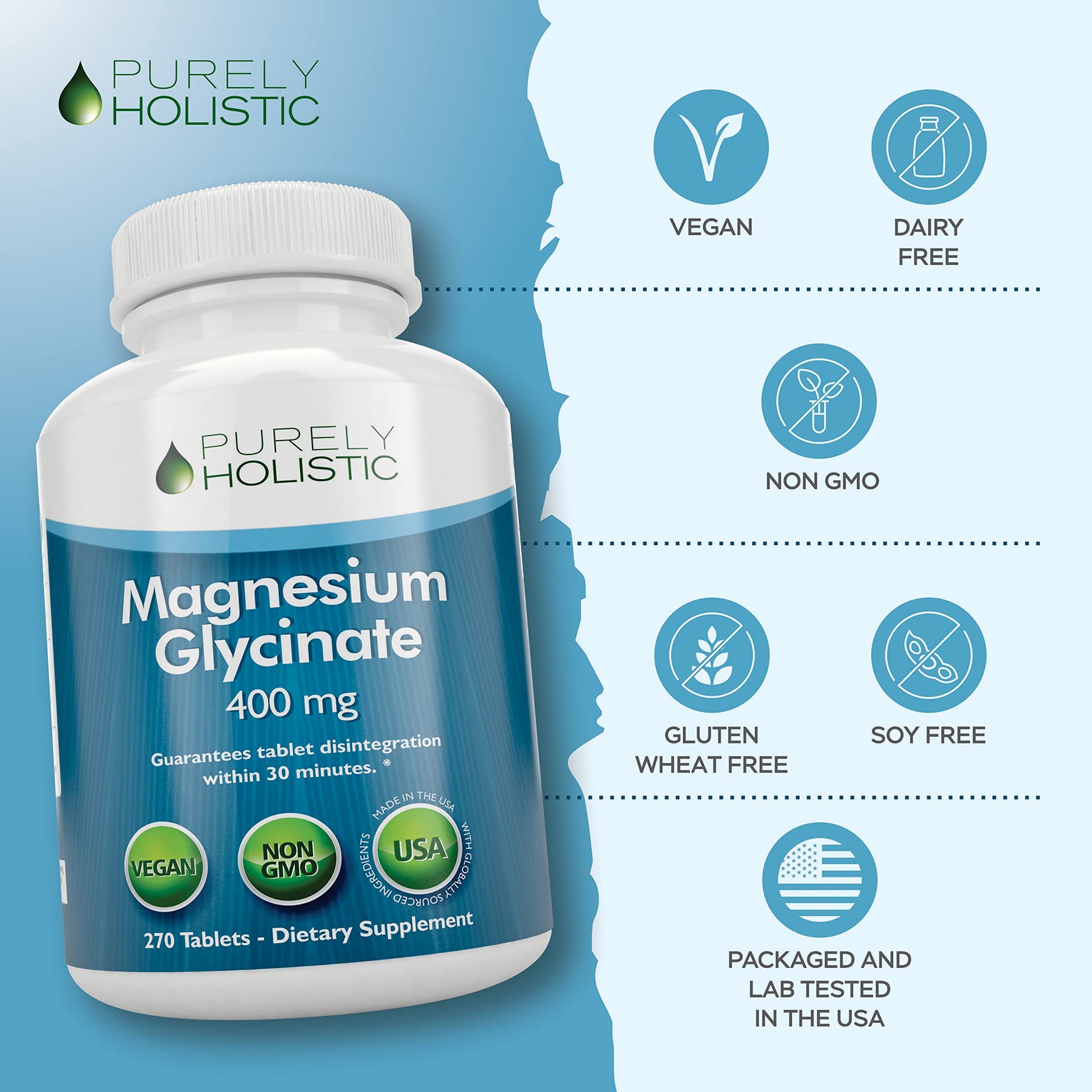 Magnesium Glycinate 400mg - 270 Magnesium Tablets (not Capsules) - 400 mg Elemental Magnesium - Highly Bioavailable - Vegan and Vegetarian - for Improved Sleep, Stress Relief & Cramp Defense Purely Holistic uk supplements