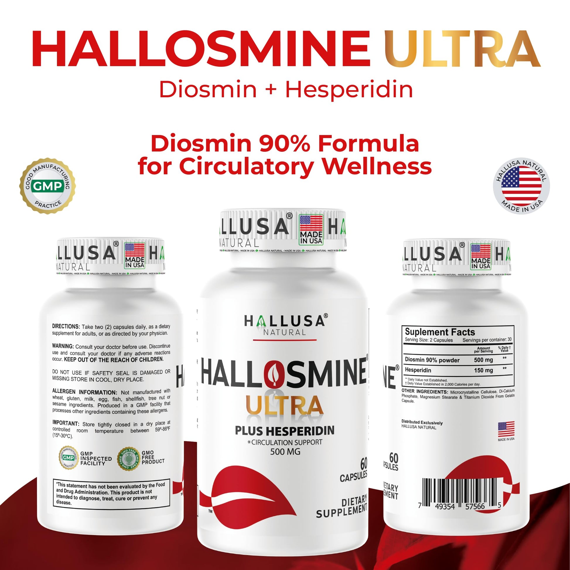 Hallusa Natural Hallosmine Ultra Diosmin 500mg & Hesperidin 150mg – Heavy Legs, Swelling & Vein - Blood Circulation Supplements, 60 Caps Hallusa Natural uk supplements