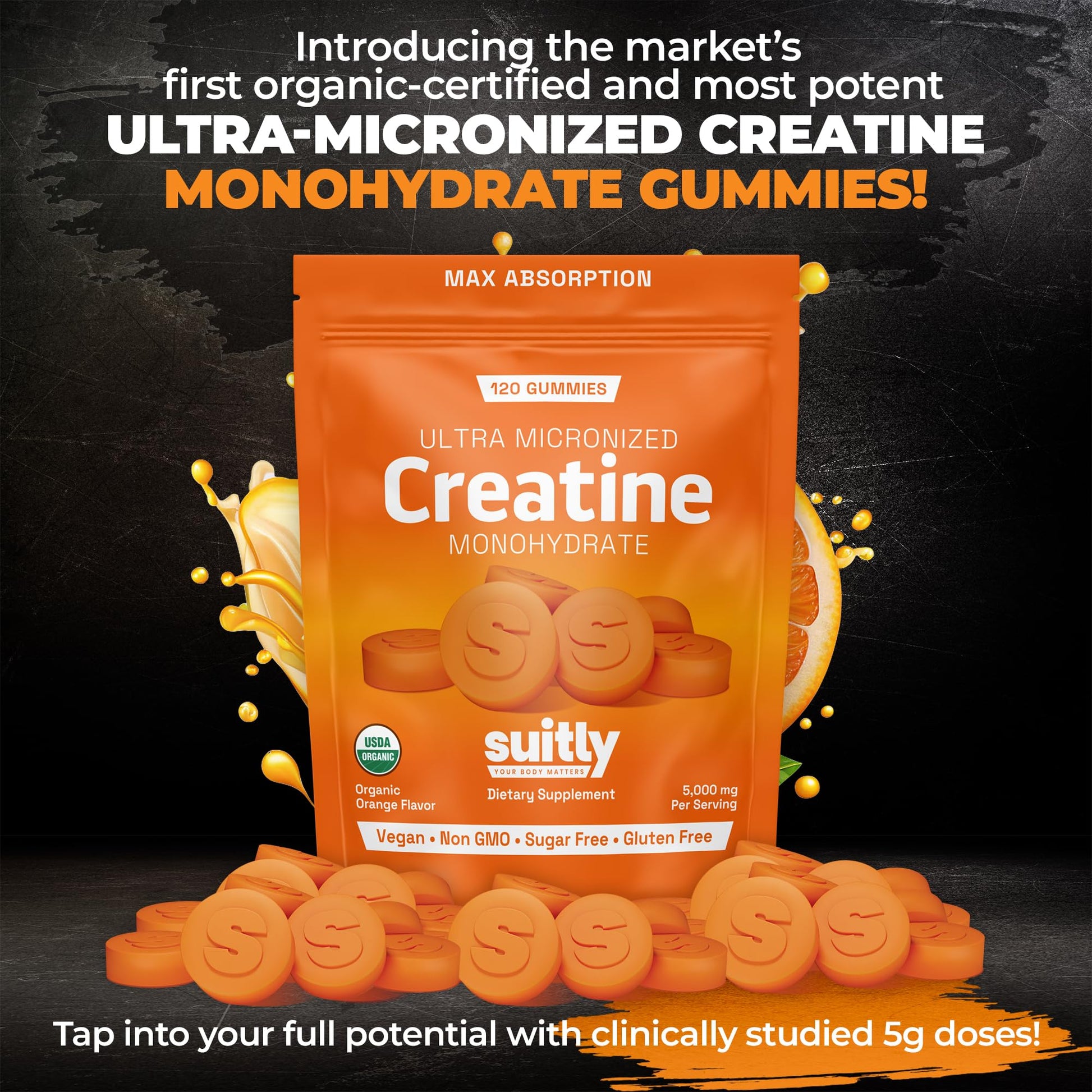 USDA Organic Ultra-Micronized Creatine Gummies for Men & Women; Orange Max Absorption 5g Creatine Gummies Sugar Free for Muscle Gain, Energy & Recovery; Muscle Builder for Women with Pouch - 120 Count Suitly uk supplements