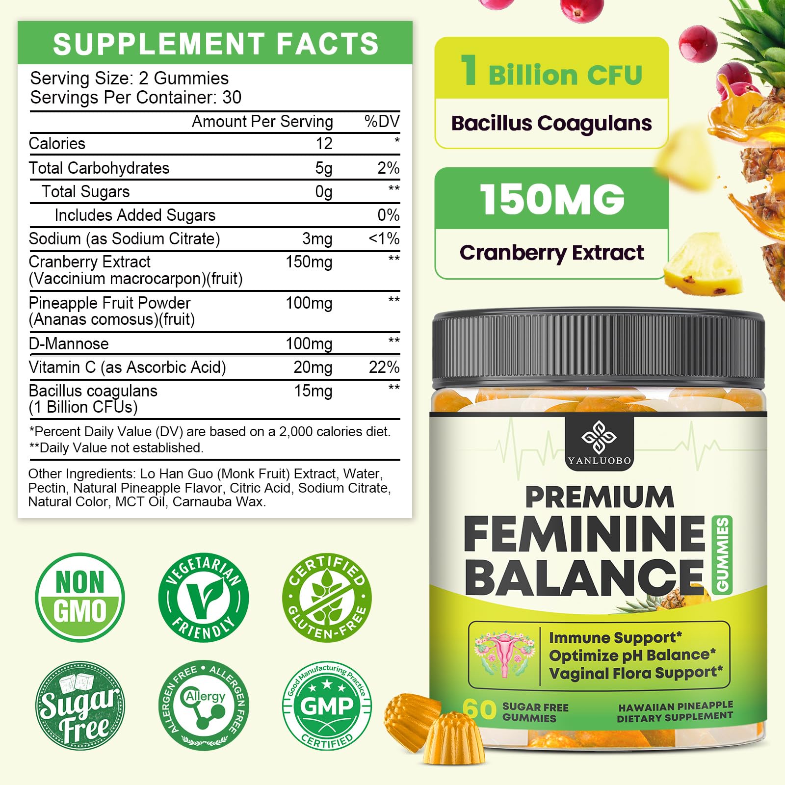 YANLUOBO Feminine Balance Probiotic Gummies - Women's Vaginal Health Support | PH Balance & Odor, Flora, Immune Support | Probiotics for Women, Vegan Pineapple Flavor, 60 Count YANLUOBO uk supplements