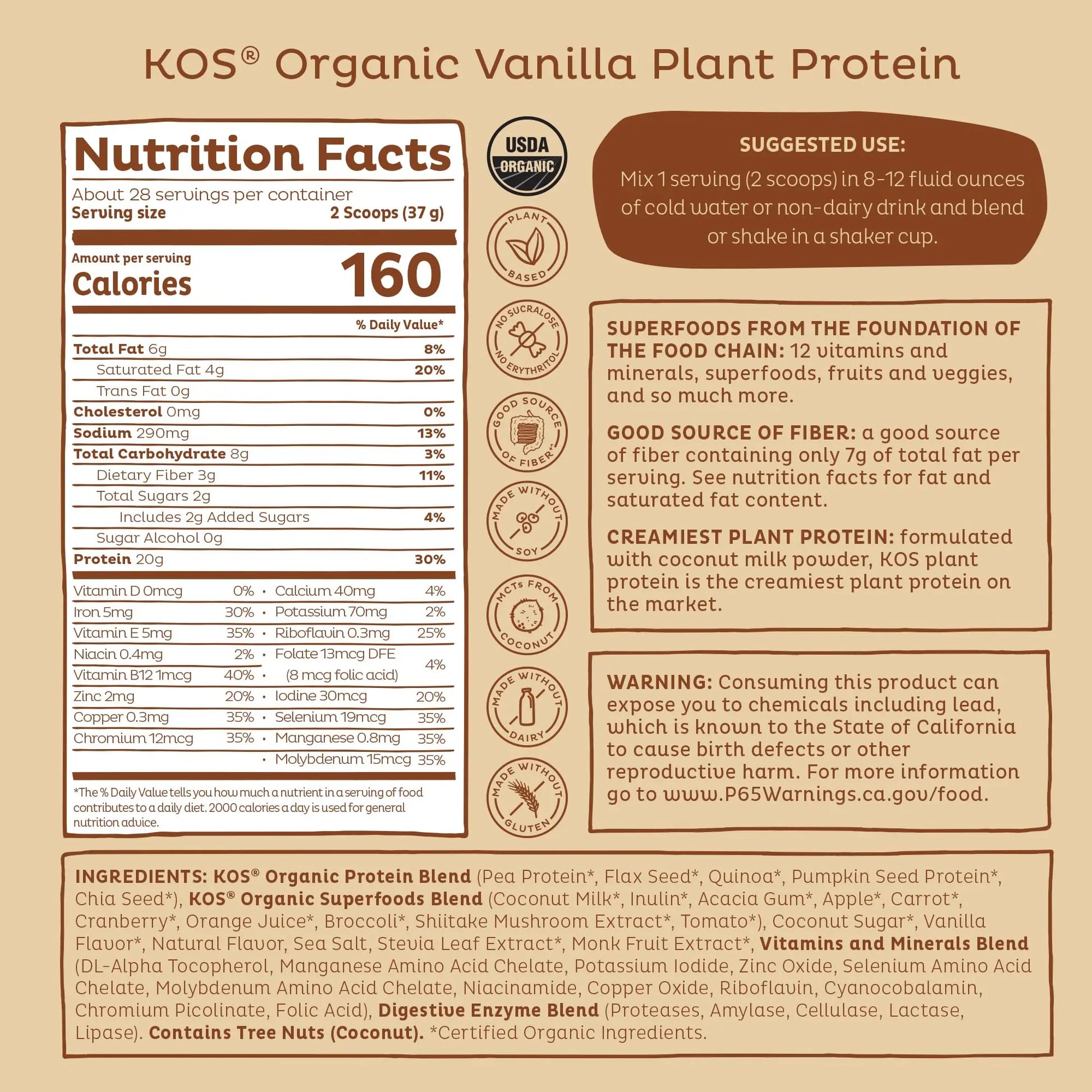 KOS Vegan Protein Powder Erythritol Free, Vanilla USDA Organic - Pea Protein Blend, Plant Based Superfood Rich in Vitamins & Minerals - Keto, Dairy Free - Meal Replacement for Women & Men, 28 Servings KOS uk supplements