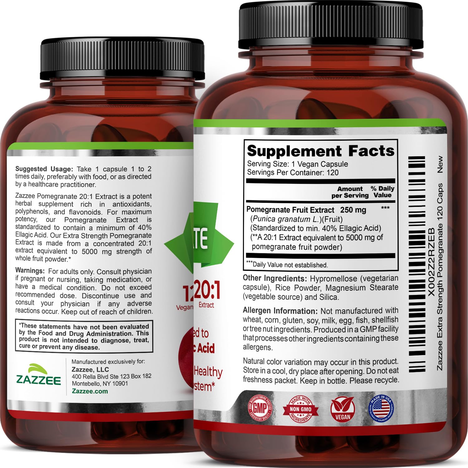 Zazzee Extra Strength Pomegranate 20:1 Extract, 40% Ellagic Acid, 120 Vegan Capsules, 4 Month Supply, Punica Granatum, Antioxidant & Cellular Health Support, Non-GMO, Made in the USA Zazzee uk supplements