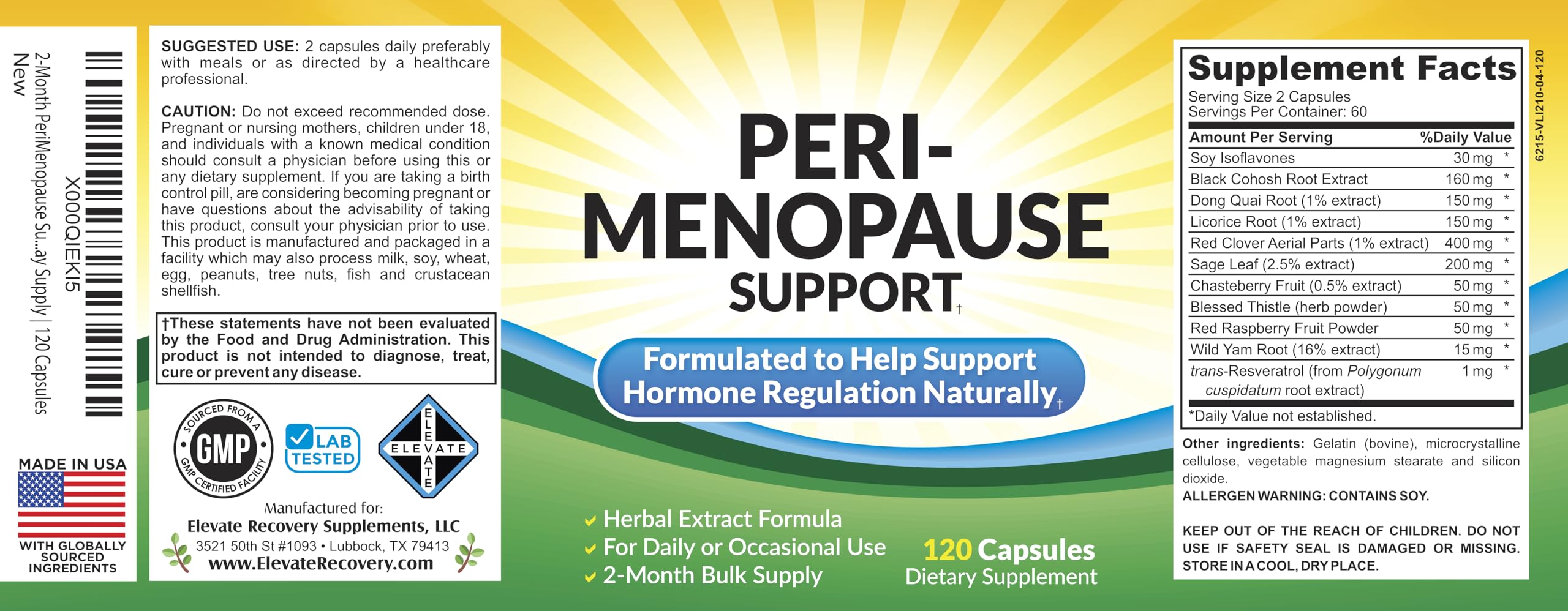 Perimenopause Support (2-Month) Supplement Blend | Women's Health & Hormone Support with 11 Herbs & Extracts | Female Hormonal Balance Supplements | 60-Day Bulk Supply | 120 Capsules Elevate Recovery Supplements uk supplements