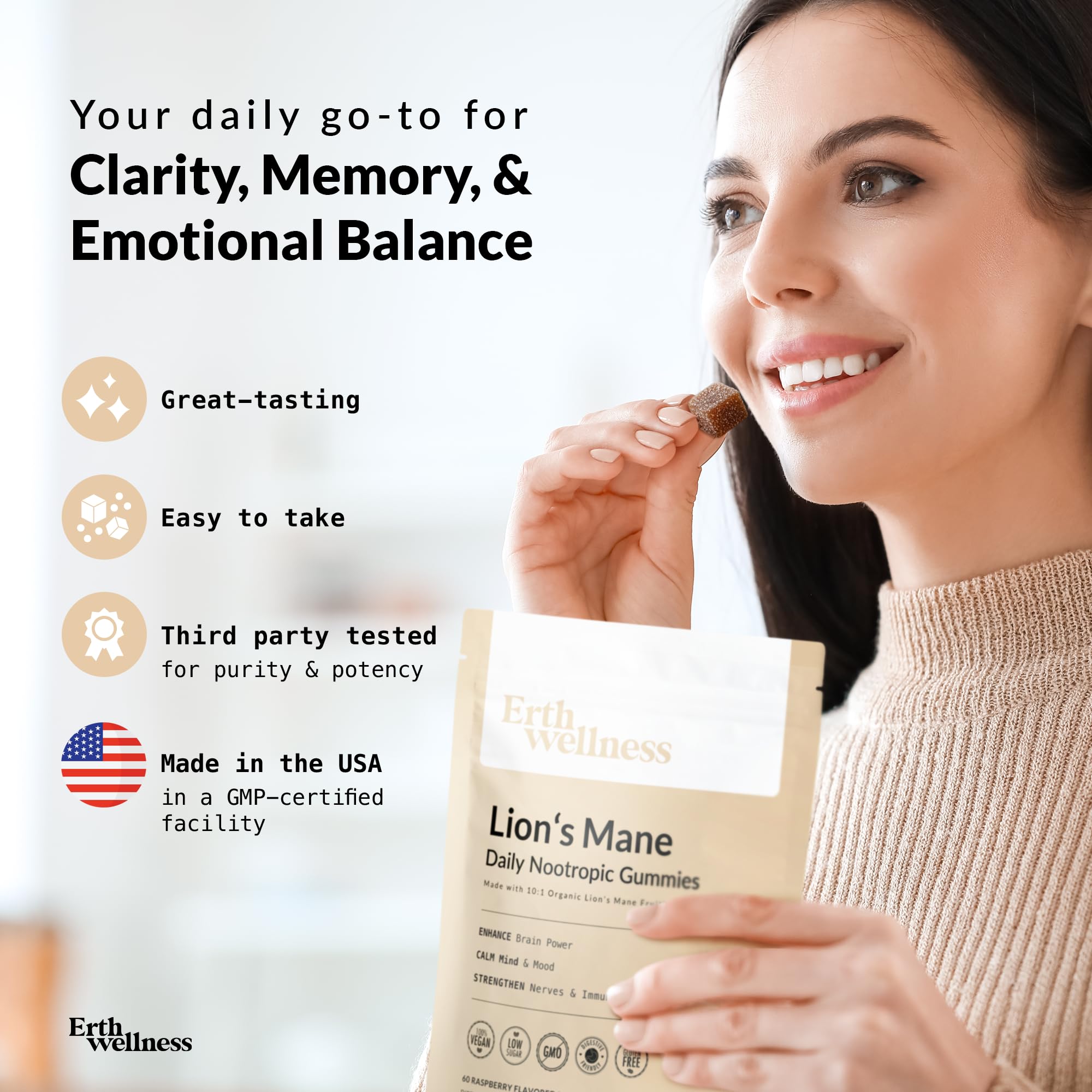 Erth Wellness Lion’s Mane Mushroom Gummies – 10,000mg Fruiting Body Extract per Serving – Brain & Focus Support – Daily Nootropic – Vegan, Low Sugar, Non-GMO – 60 Ct Erth Wellness uk supplements
