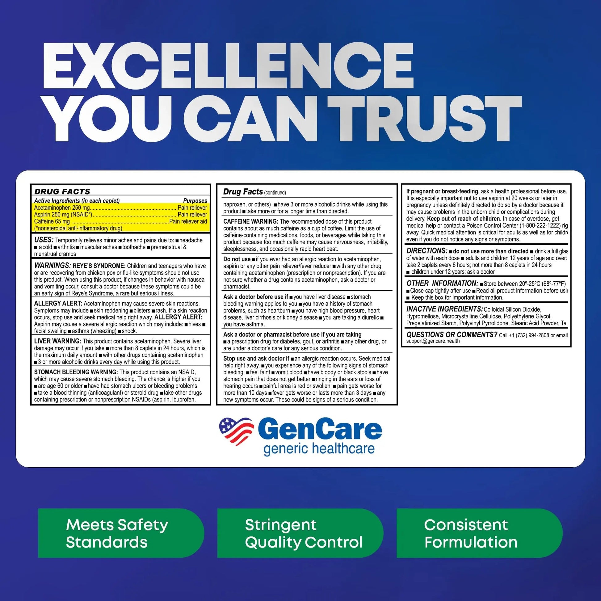 GenCare - Headache Relief Acetaminophen with Aspirin (NSAID) & Caffeine (300 Caplets) Value Pack | Head Pain, Muscle Aches, Back Pain & Body | Generic ExcedrEn Extra Strength GenCare uk supplements