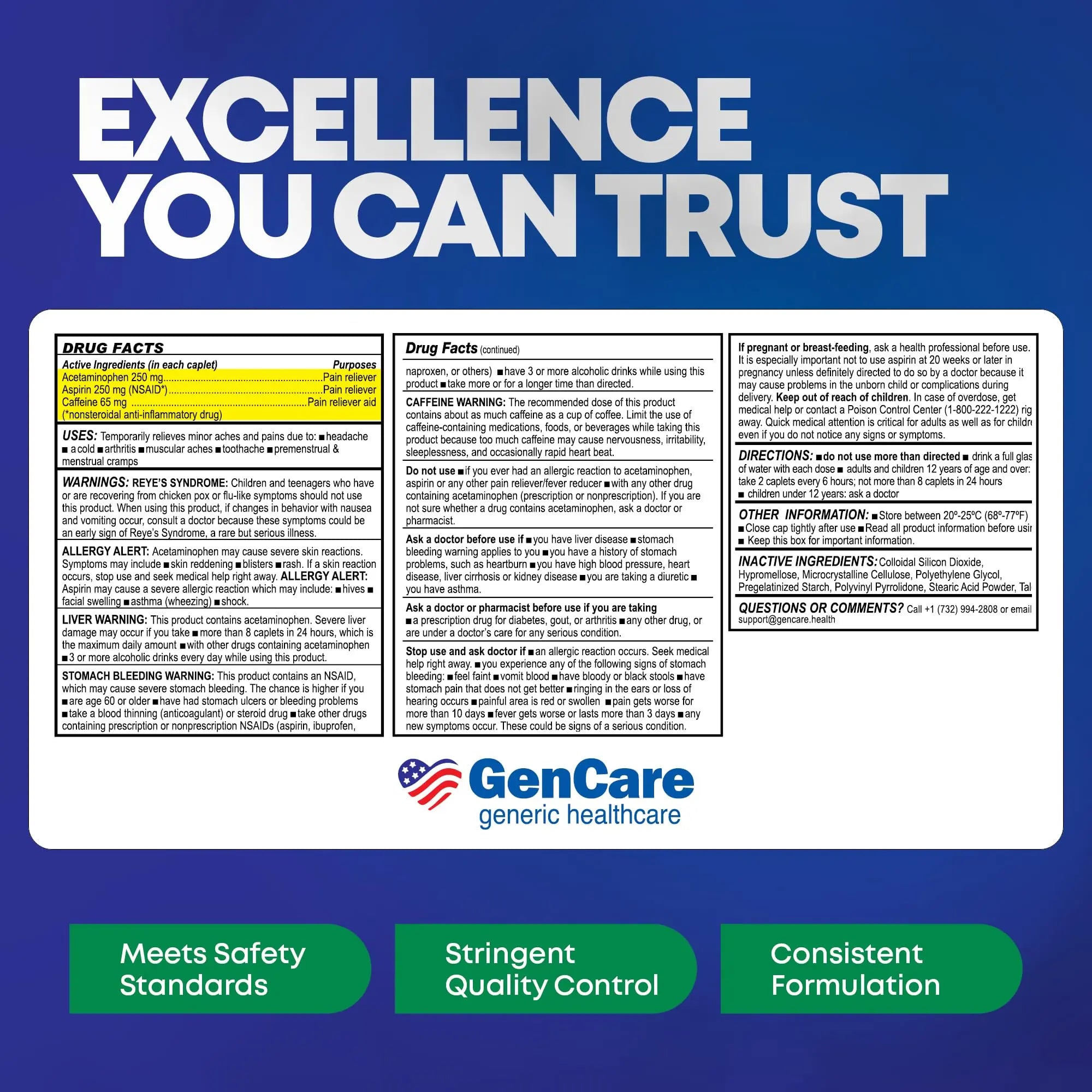 GenCare - Headache Relief Acetaminophen with Aspirin (NSAID) & Caffeine (300 Caplets) Value Pack | Head Pain, Muscle Aches, Back Pain & Body | Generic ExcedrEn Extra Strength GenCare uk supplements