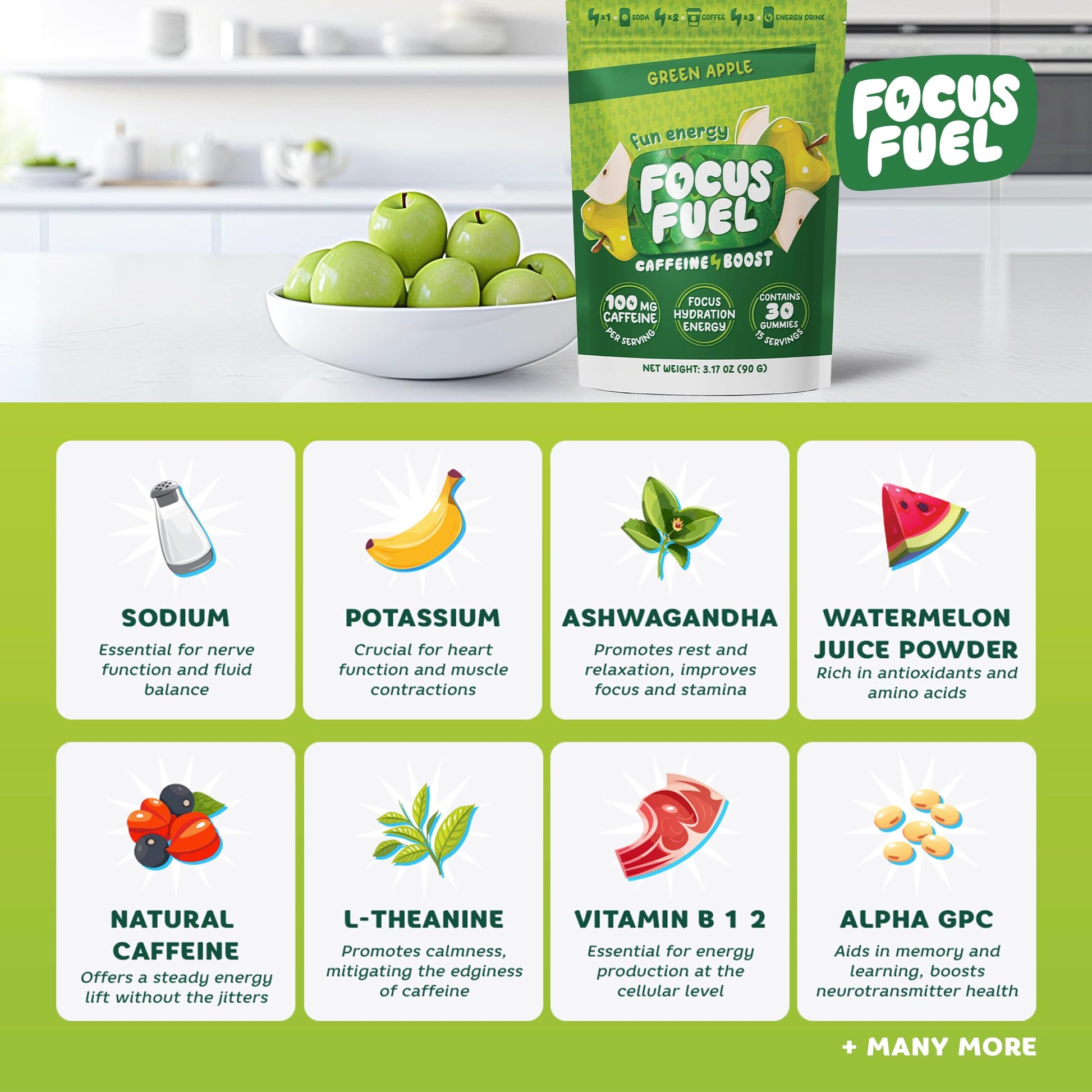 FocusFuel Energy Chews – Green Apple Flavor (15 Servings) – 100mg Caffeine + B12, Magnesium, Alpha GPC – Boost Focus & Energy – No Crash or Jitters FocusFuel uk supplements