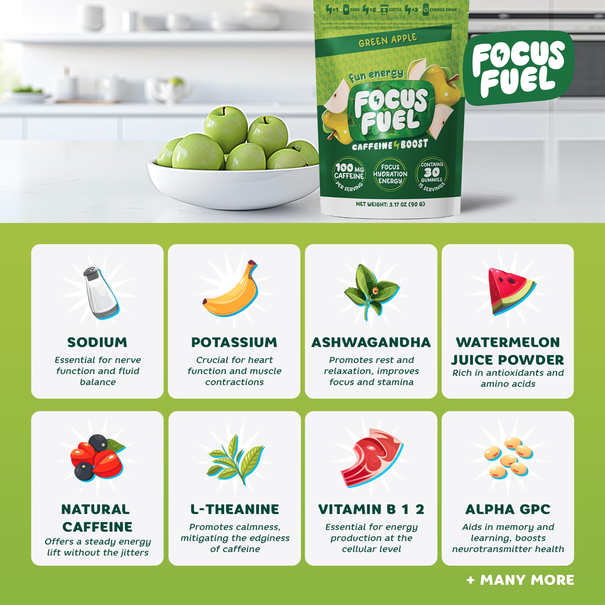 FocusFuel Energy Chews – Green Apple Flavor (15 Servings) – 100mg Caffeine + B12, Magnesium, Alpha GPC – Boost Focus & Energy – No Crash or Jitters FocusFuel uk supplements