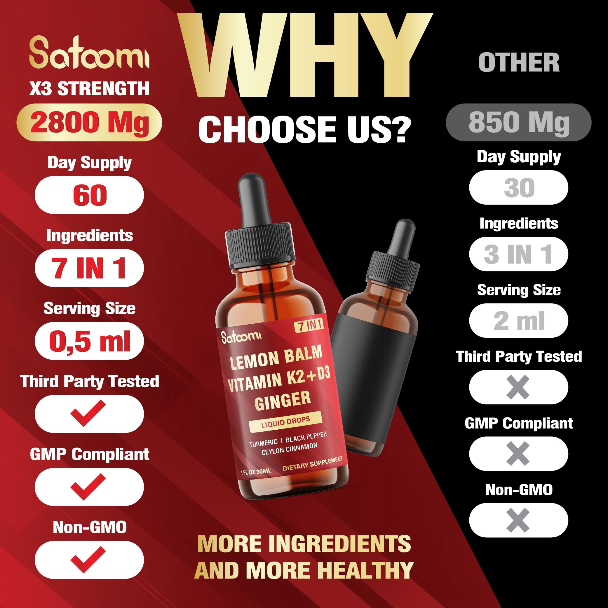 Satoomi 7in1 Lemon Balm Tincture with Vitamin D3, Vitamin K2, Ginger Root, Turmeric, Ceylon Cinnamon and Black Pepper - 1 FL Oz - 60 Day Supply Satoomi uk supplements