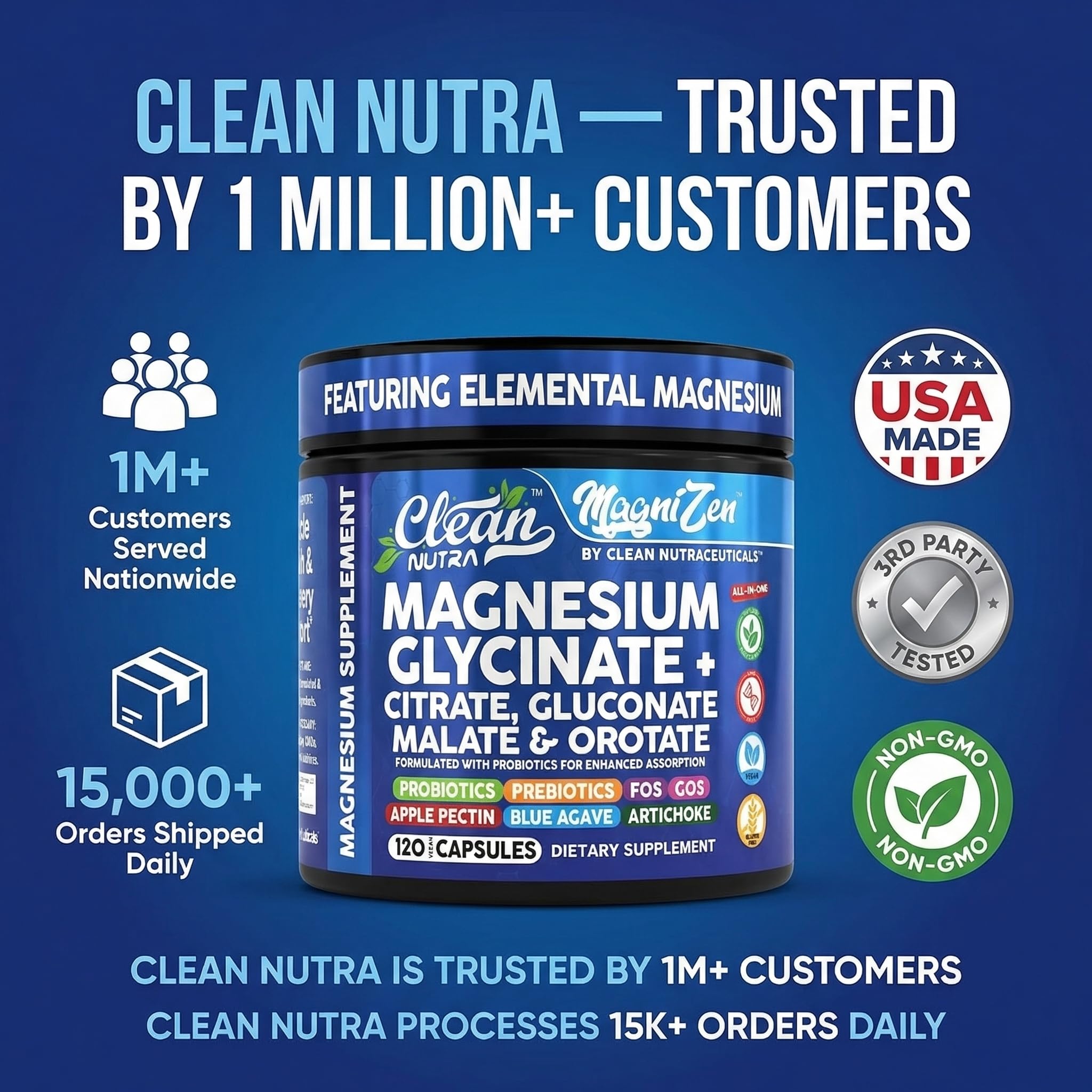 Clean Nutra Magnesium Glycinate Citrate Malate Orotate Taurate Supplement Complex + 10 Strain Probiotic Prebiotics FOS GOS Inulin Sleep Calm Support Apple Pectin – 120 Vegan Capsules Clean Nutraceuticals uk supplements