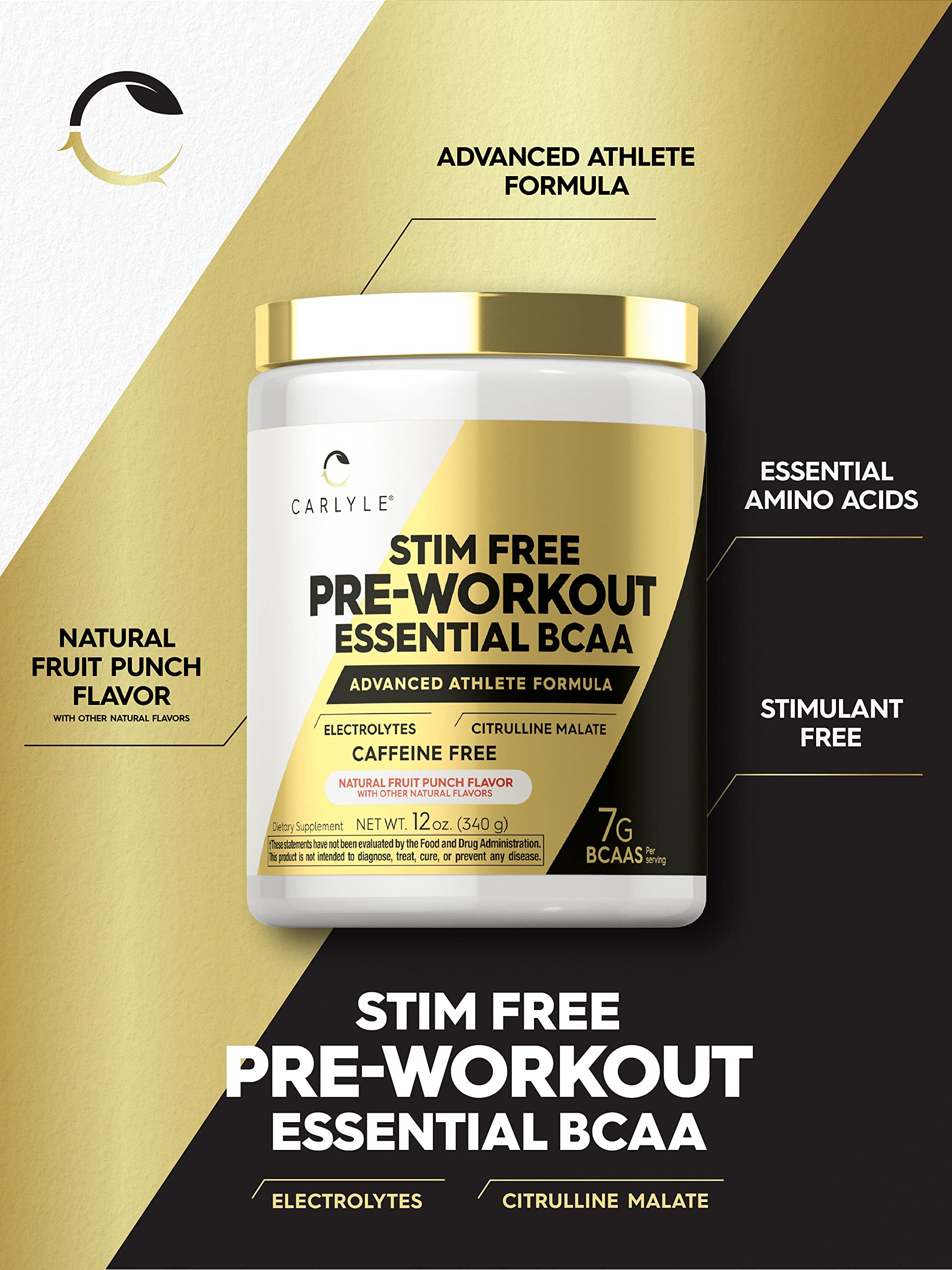 Carlyle Stim Free Pre Workout Powder | BCAA Amino Acids | 7g BCAA | Fruit Punch Flavor Carlyle uk supplements