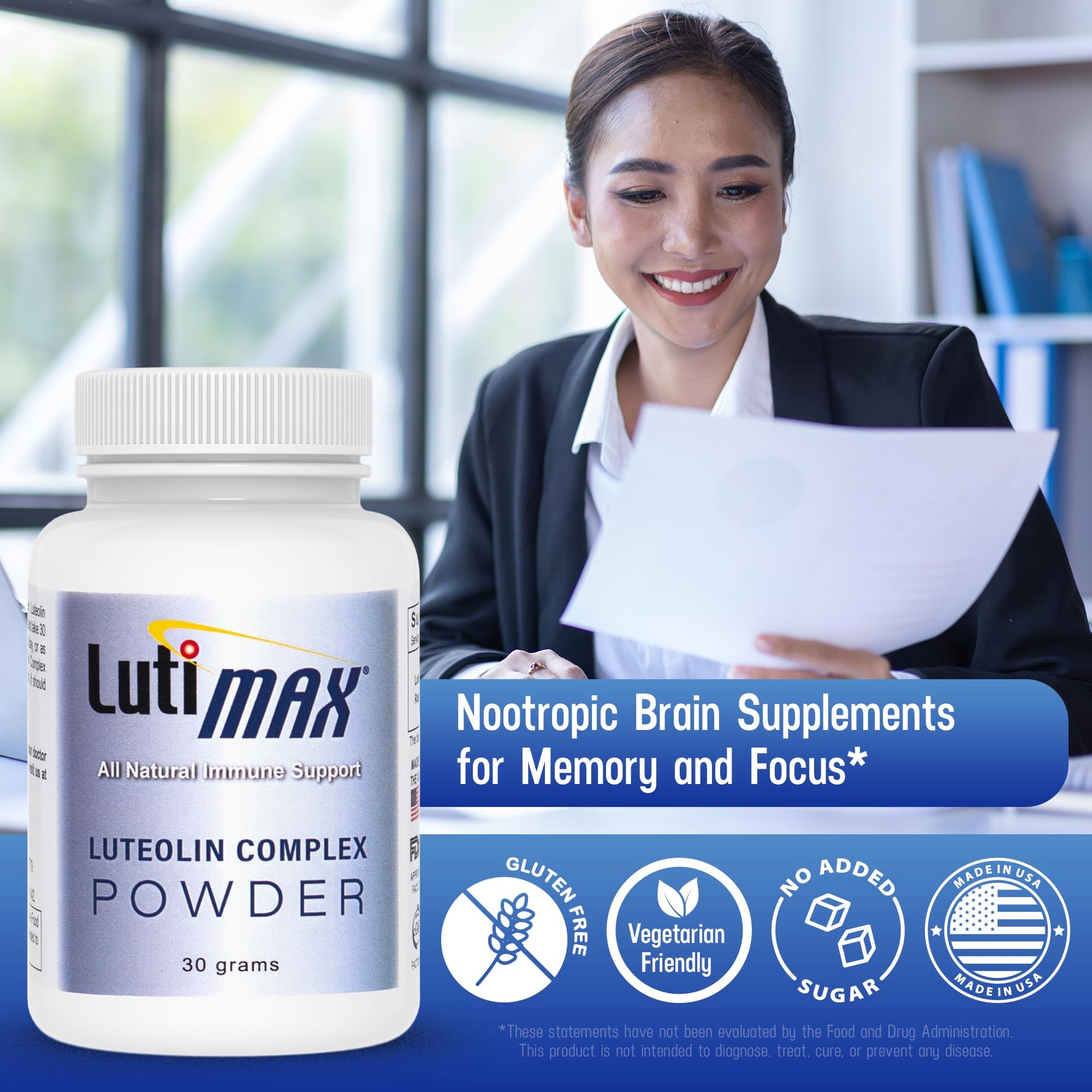 Lutimax Luteolin Complex Powder Brain Supplement with Rutin - Nootropic Brain Supplements for Memory and Focus to Improve Brain Health - Antioxidant Supplement for Immune Support - 100 Servings Solo Luti uk supplements