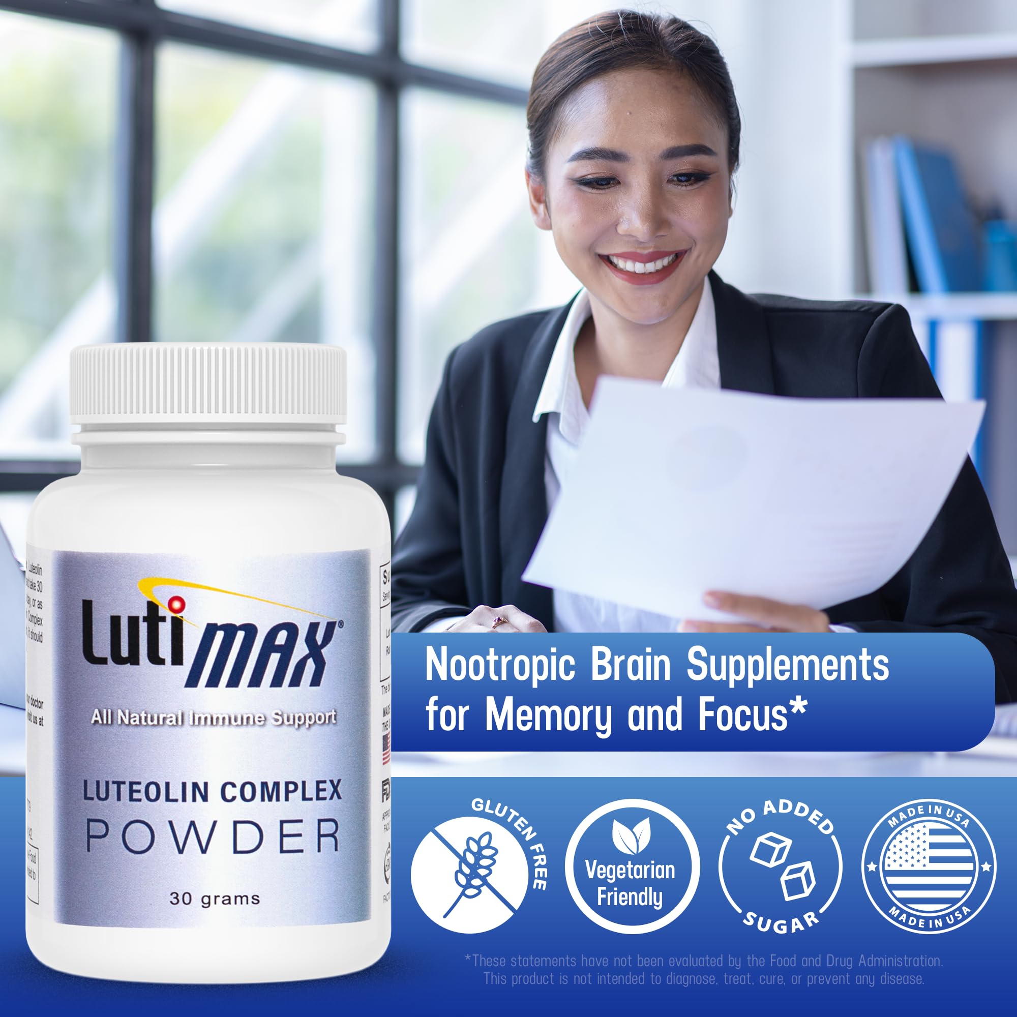 Lutimax Luteolin Complex Powder Brain Supplement with Rutin - Nootropic Brain Supplements for Memory and Focus to Improve Brain Health - Antioxidant Supplement for Immune Support - 100 Servings Solo Luti uk supplements