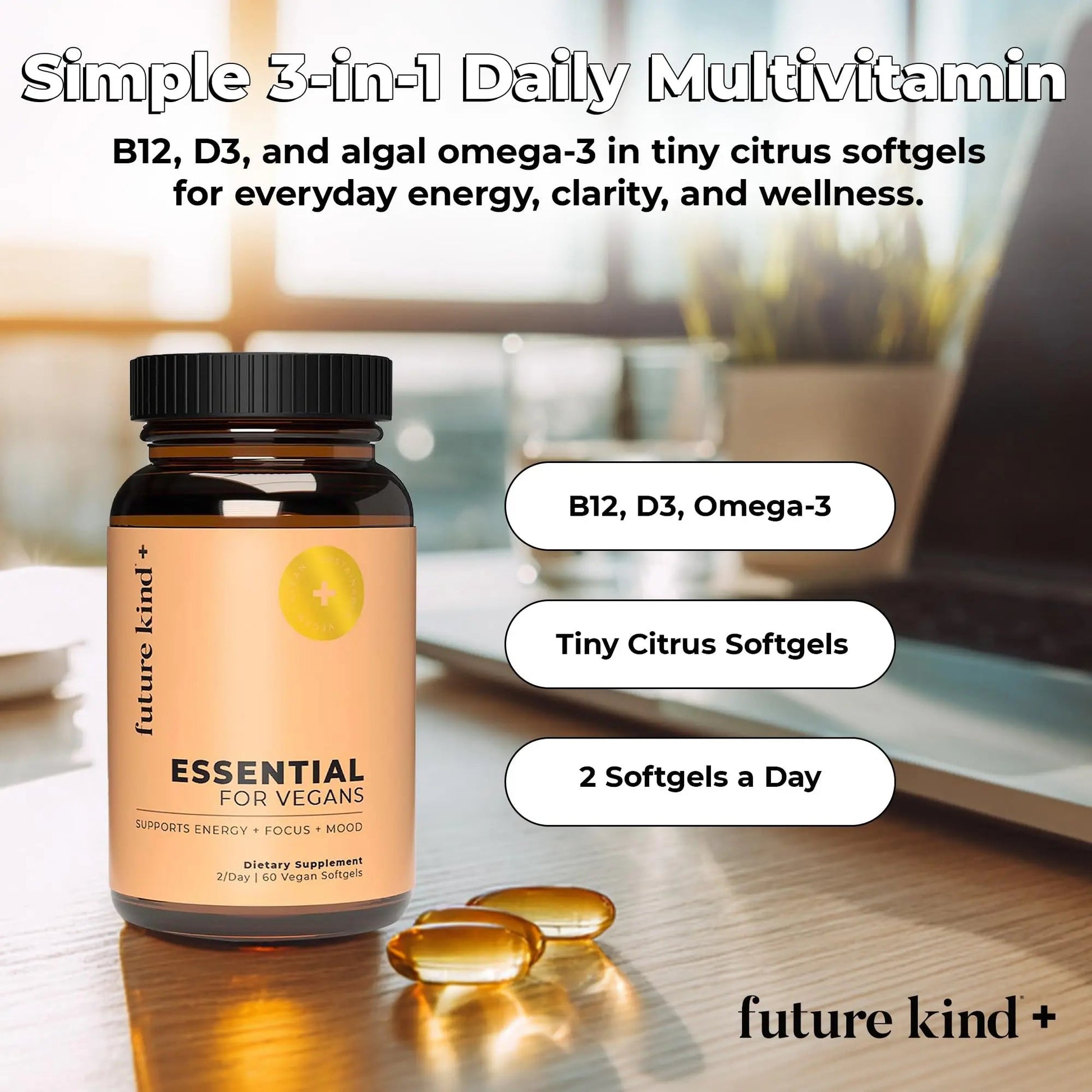 Future Kind 3 in 1 Daily Multivitamin - for Energy, Clarity, Active Wellness Support with B12, D3, and Algal Omega-3 - Essential Vegan Multivitamin for Women & Men Future Kind uk supplements