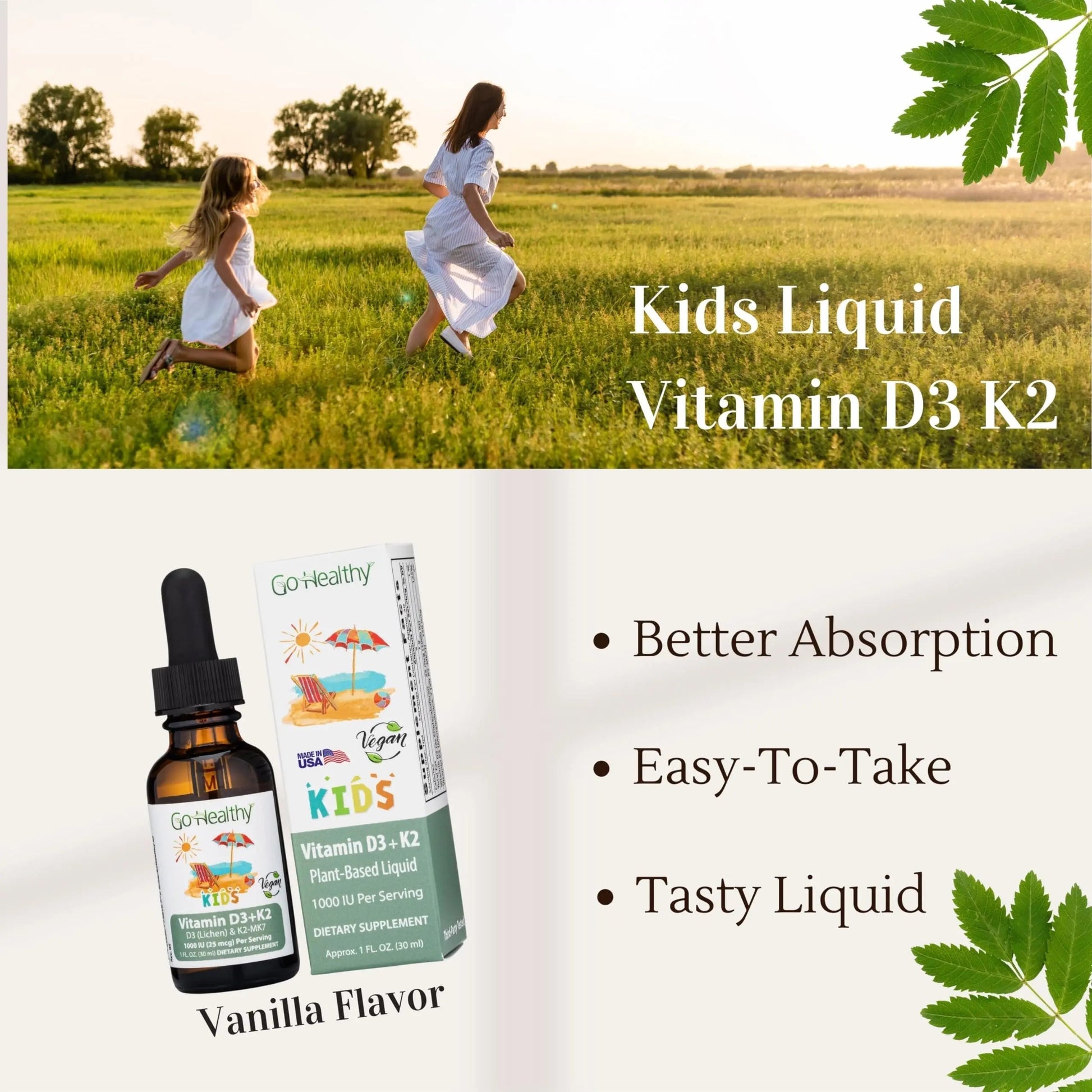 Go Healthy Kids Vitamins D3 K2 (MK-7), Child Vitamin D, Liquid Vegan D3 K2 Drops for Kids Go Healthy Natural uk supplements
