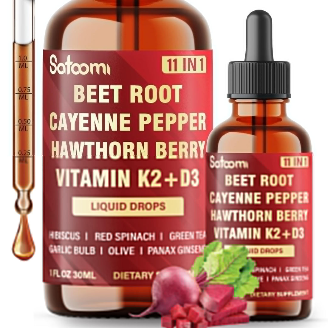 11in1 Beet Root Liquid Drops Supplement with Formula with D3, K2, Hawthorn, Red Spinach, Garlic & Green Tea and More - Supports Immune & Vitality - 1 FL Oz - for 60 Days Satoomi uk supplements