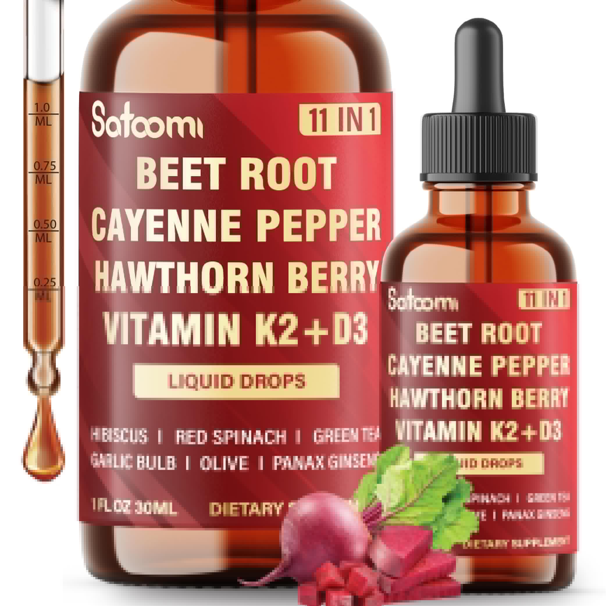 11in1 Beet Root Liquid Drops Supplement with Formula with D3, K2, Hawthorn, Red Spinach, Garlic & Green Tea and More - Supports Immune & Vitality - 1 FL Oz - for 60 Days Satoomi uk supplements