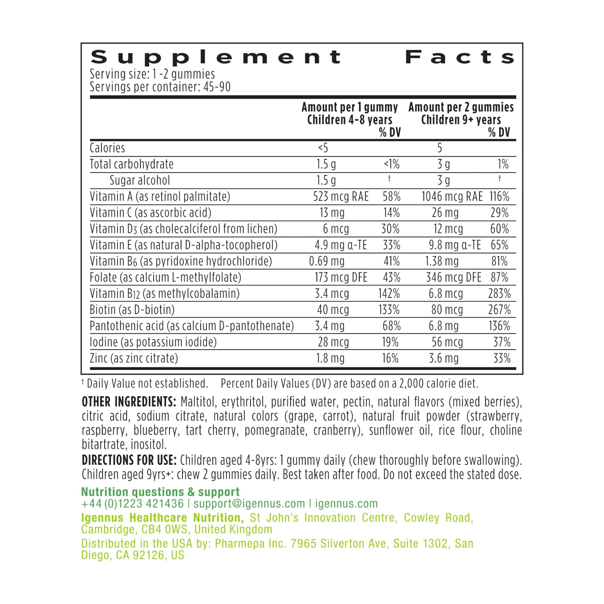 Igennus Methylated Kids Multivitamin Gummy, MTHFR, No Artificial Sweeteners or Flavors, Sugar Free, Age 4+, 90 Natural Berry Flavor Gummies Igennus Healthcare Nutrition uk supplements