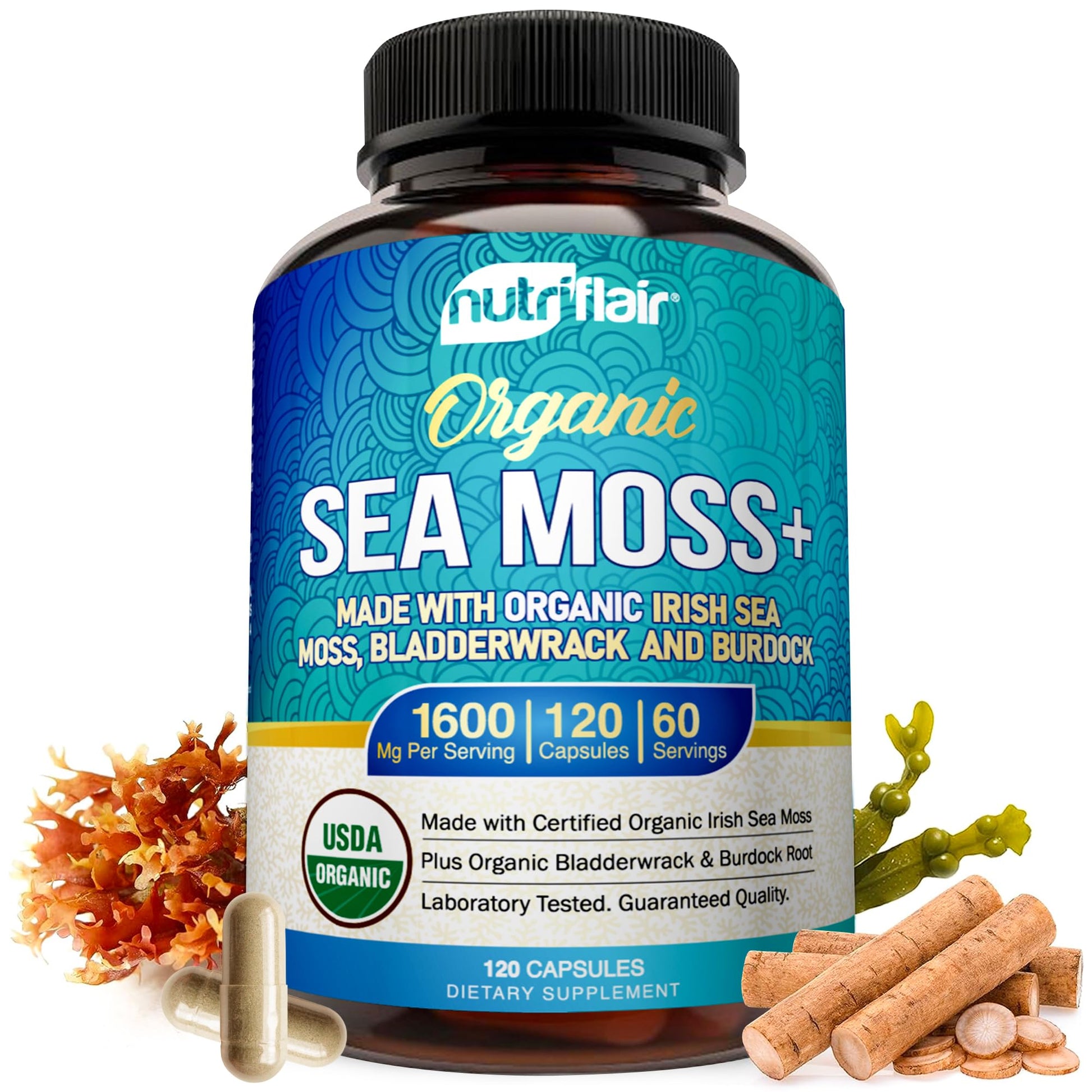 NutriFlair Organic Sea Moss 1600mg, 120 Capsules Plus Bladderwrack & Burdock - Prebiotic Super Food - Immune System & Digestive Health - Thyroid, Healthy Skin, Keto Detox, Gut NutriFlair uk supplements