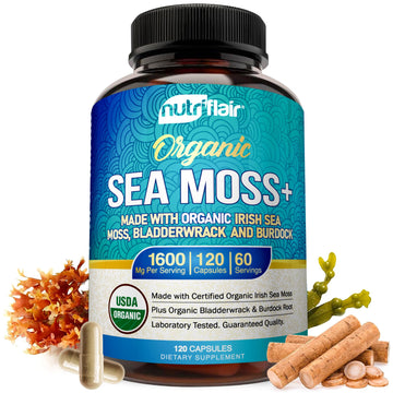 NutriFlair Organic Sea Moss 1600mg, 120 Capsules Plus Bladderwrack & Burdock - Prebiotic Super Food - Immune System & Digestive Health - Thyroid, Healthy Skin, Keto Detox, Gut NutriFlair uk supplements
