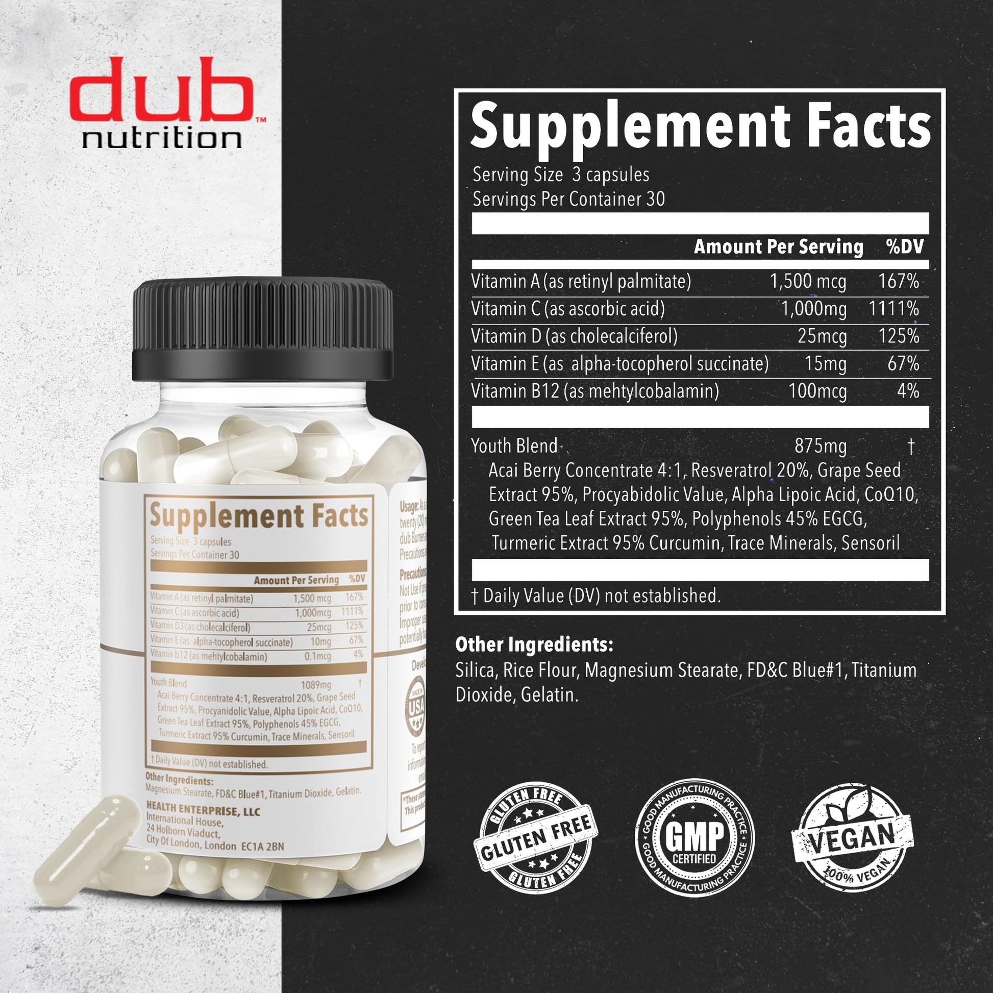 Dub Nutrition Youth - Formula with Acai, Resveratrol, Curcumin, Vitamins A, C, D, E, B12, and CoQ10 - Supports Immunity and Mobility - 90 Capsules Dub Nutrition uk supplements