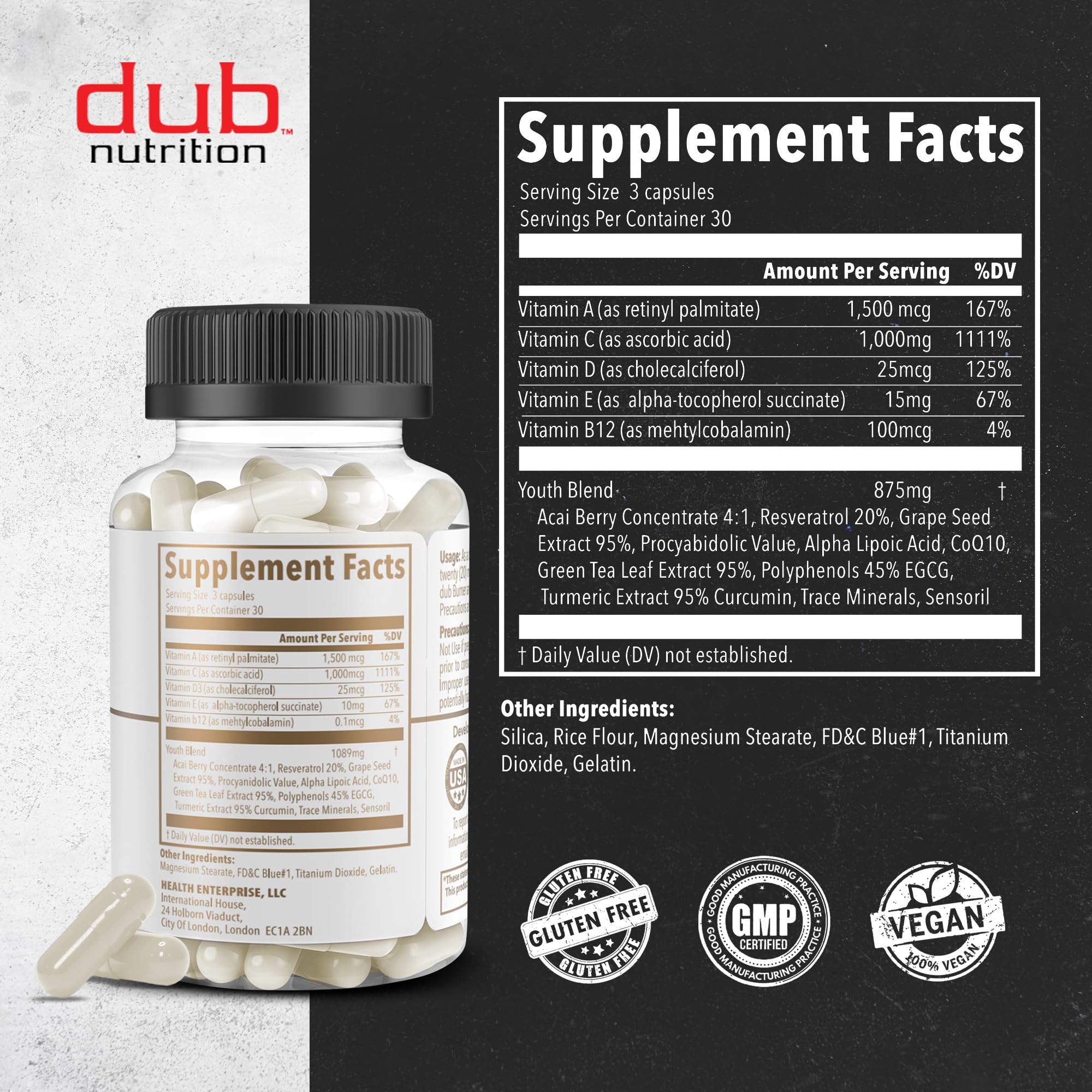 Dub Nutrition Youth - Formula with Acai, Resveratrol, Curcumin, Vitamins A, C, D, E, B12, and CoQ10 - Supports Immunity and Mobility - 90 Capsules Dub Nutrition uk supplements