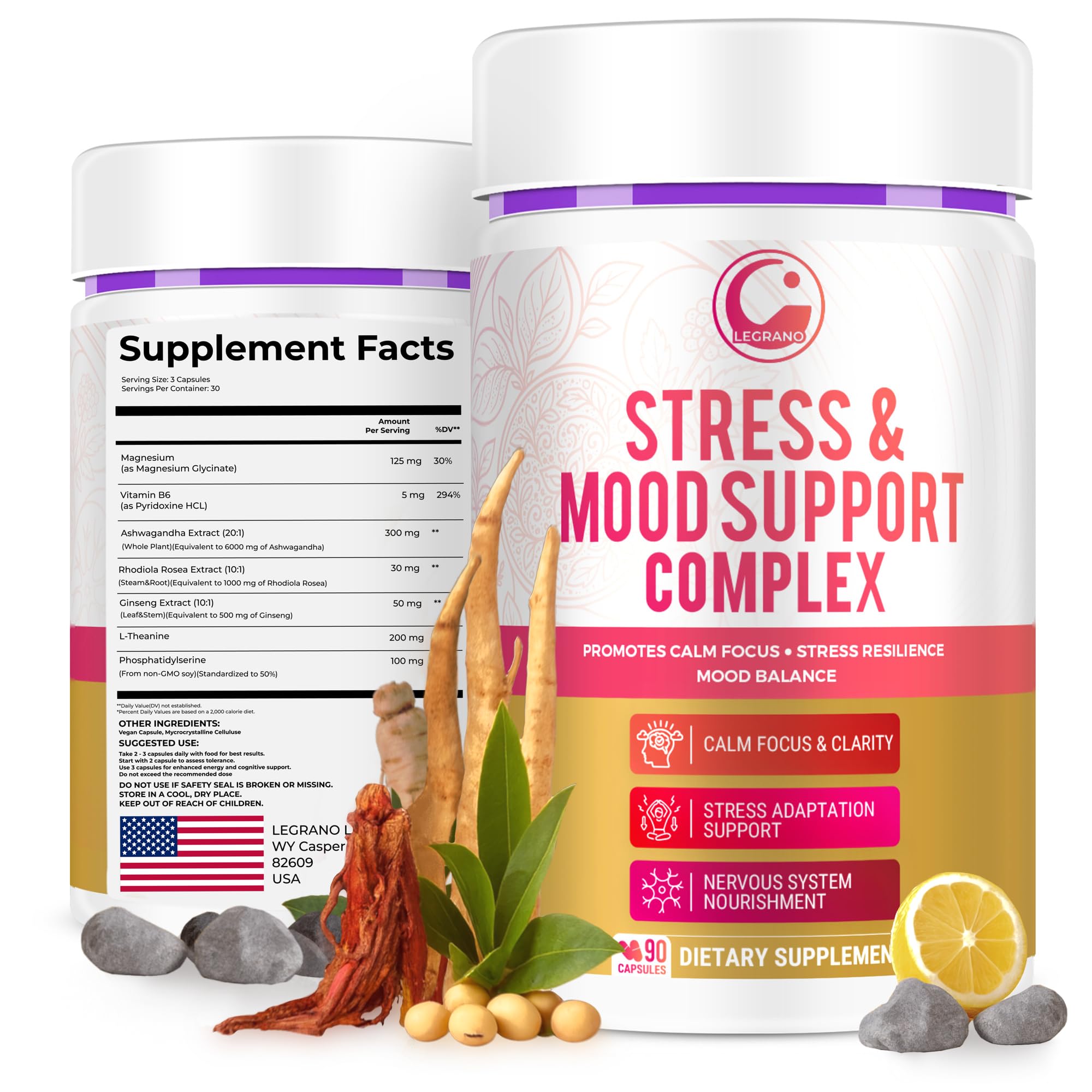 LEGRANO Cortisol Manager Supplements for Women & Men with Ashwagandha, L-Theanine, Magnesium Glycinate, Rhodiola, Ginseng – Cortisol Reducer & Adrenal Support – 90 Capsules – Calm, Focus, Balance LEGRANO uk supplements