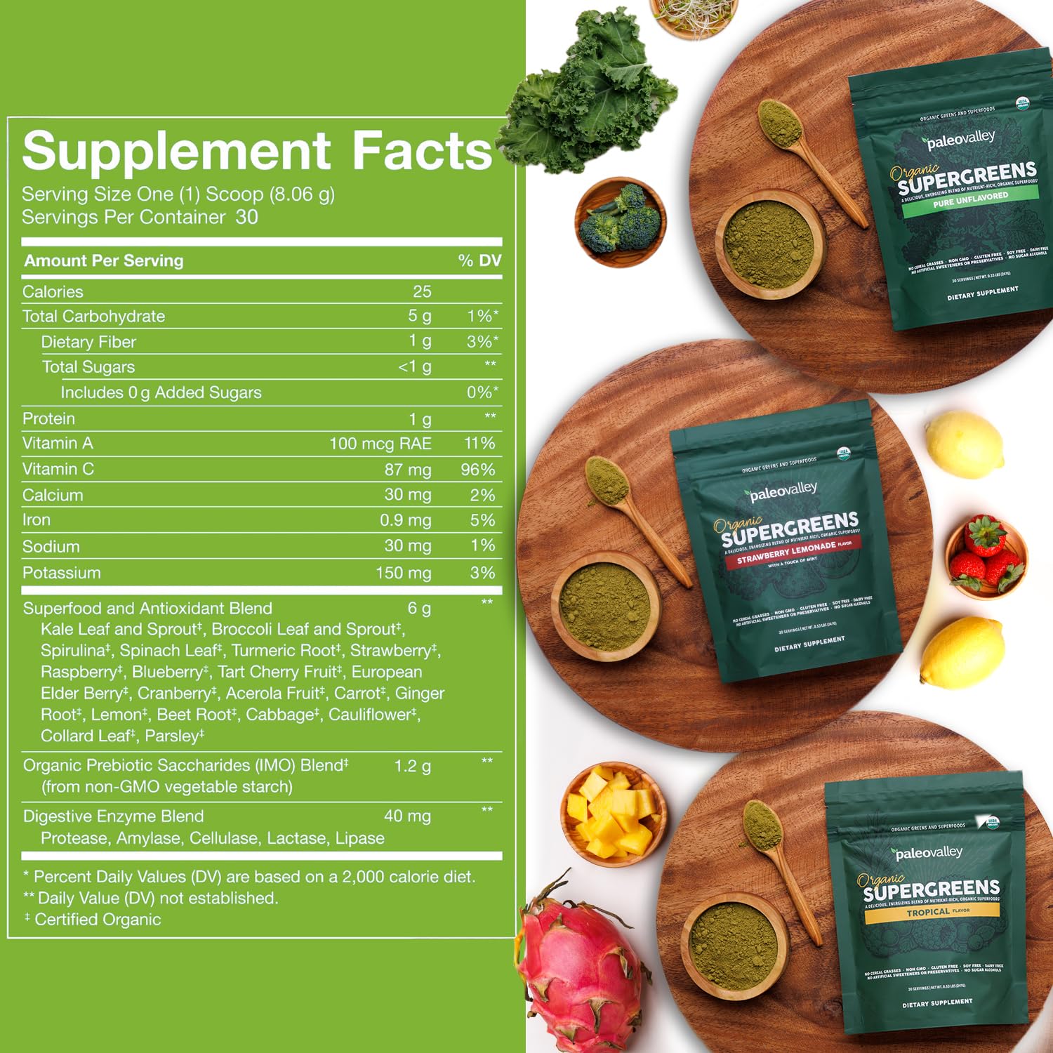 Paleovalley Organic Supergreens Powder - 23 Superfoods with Prebiotic Fiber for Energy and Immunity Support - No Cereal Grasses for Maximum Absorption - Pure Unflavored, 30 Servings Paleovalley uk supplements