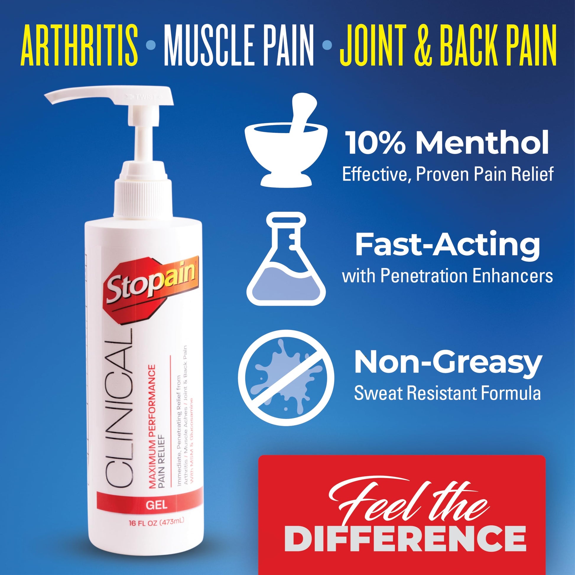 Stopain Clinical Pain Relief Gel 16 oz - Professional Formula for Arthritis, Knee, Back & Muscle Pain - Maximum Strength Gel for Joint & Nerve Pains with 10% Menthol Plus Glucosamine - Made in USA Stopain uk supplements