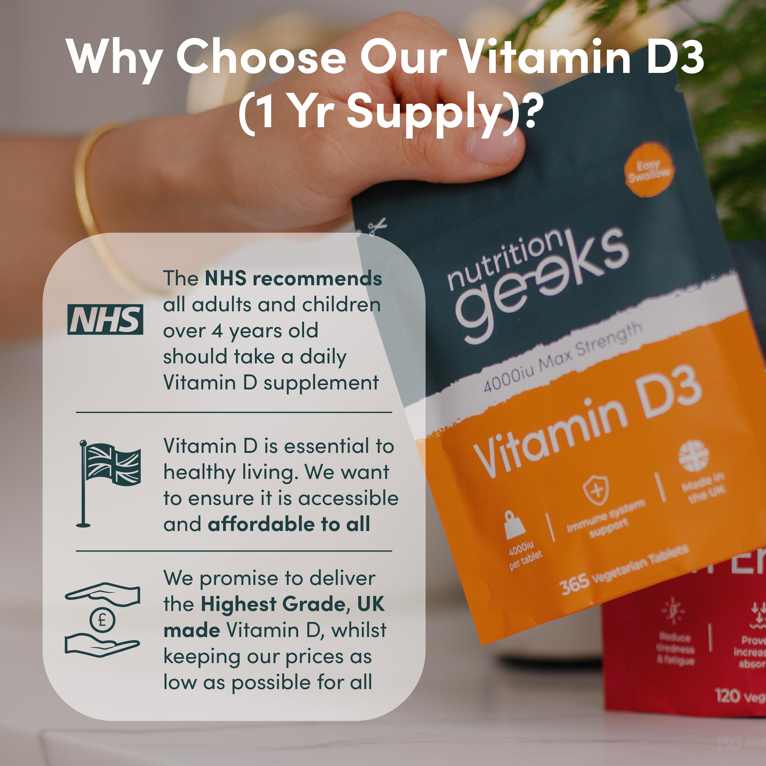Vegetarian Vitamin D3 4000 iu - 1 Year Supply, 365 Easy-Swallow High Strength Vitamin Nutrition Geeks uk supplements