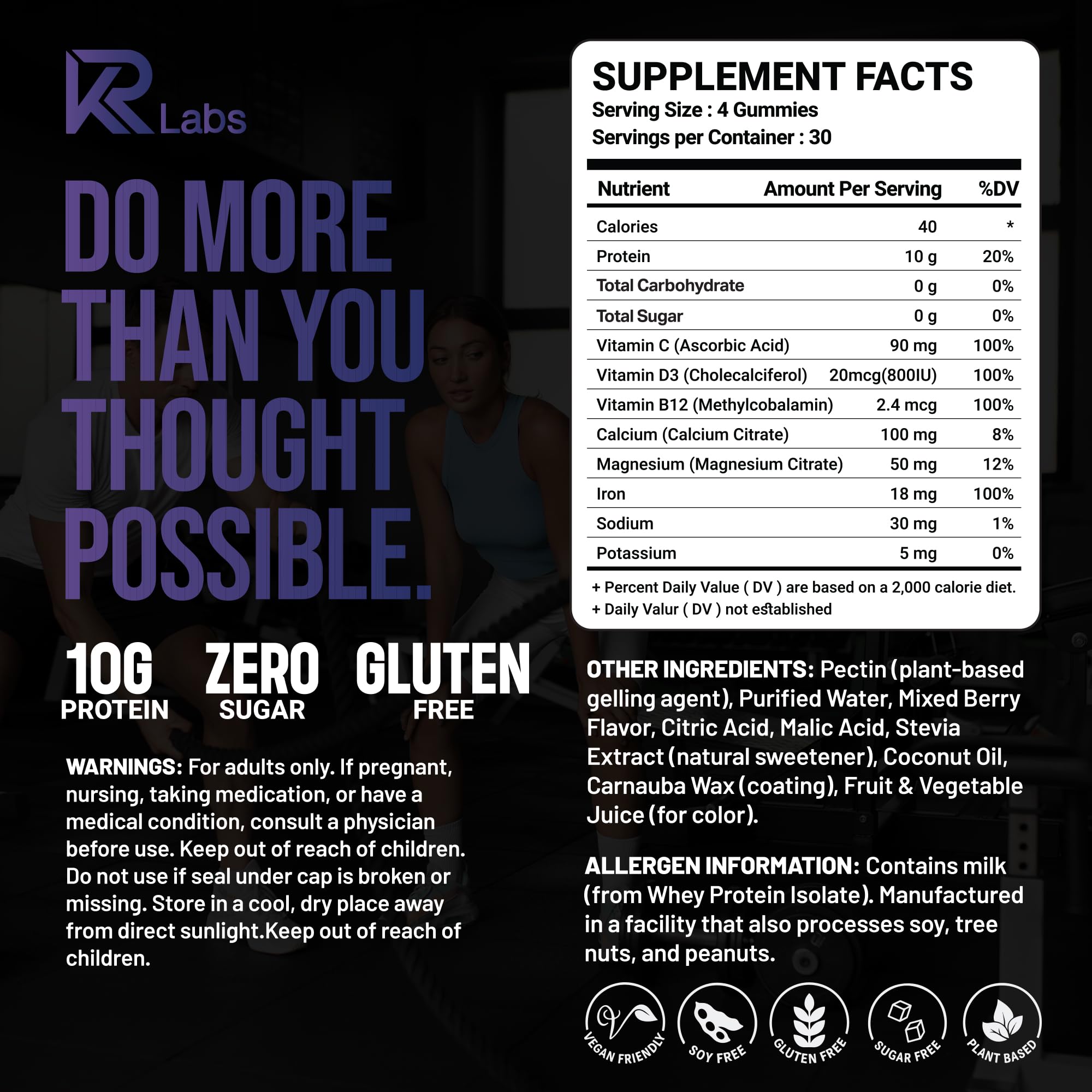 KR Labs Zero Carb 100% Pure Whey Isolate Protein Gummies | 300g Total Protein per Bag | 10g per Serving Plant Based with Vitamins for Men & Women KR Labs uk supplements