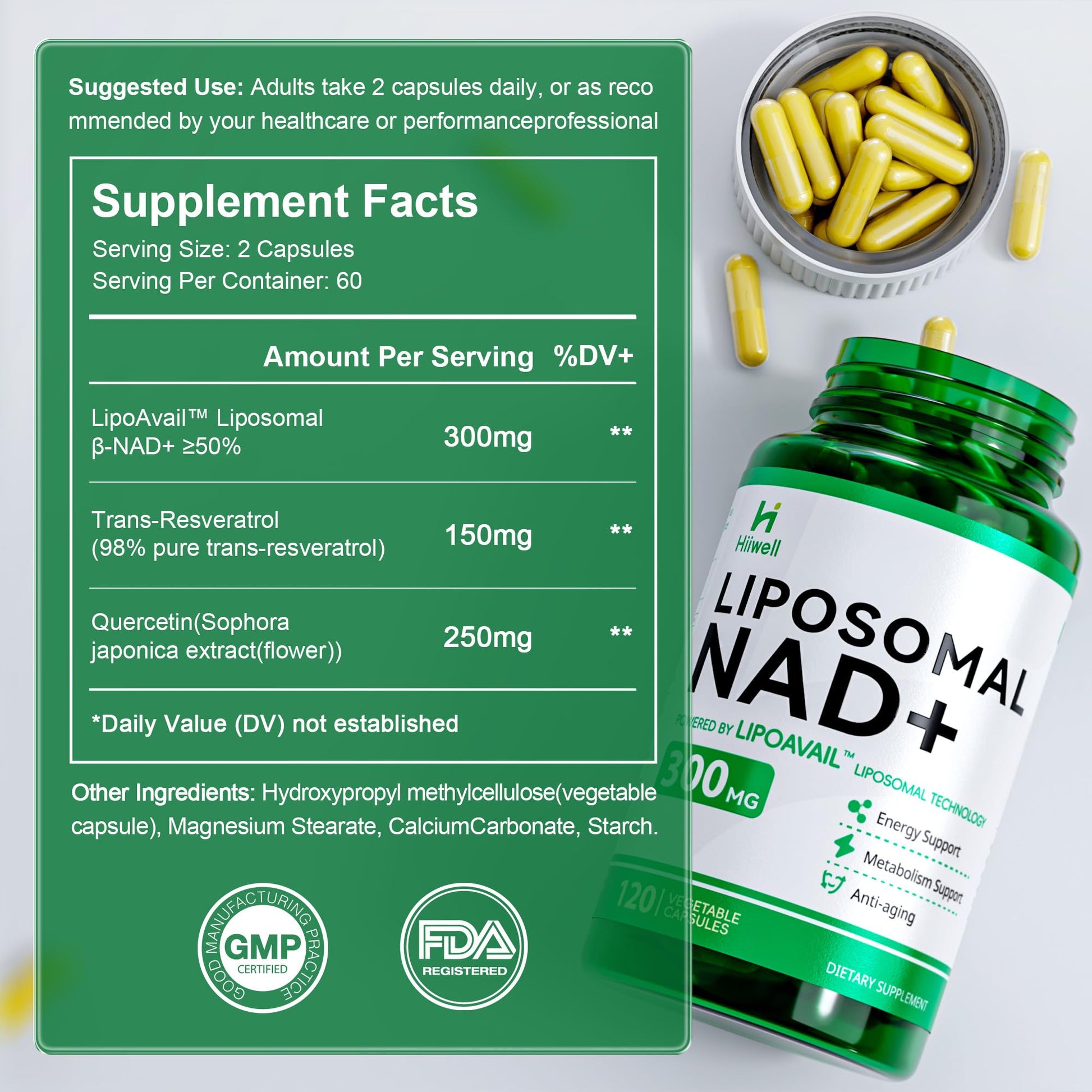 Liposomal NAD Supplement 300mg + Trans-Resveratrol & Quercetin, Energy & Anti-Aging Support, Boost NAD+ Levels - Vegan, Pure NAD Resveratrol Supplement for Women & Men, 120 Capsules Hiiwell uk supplements