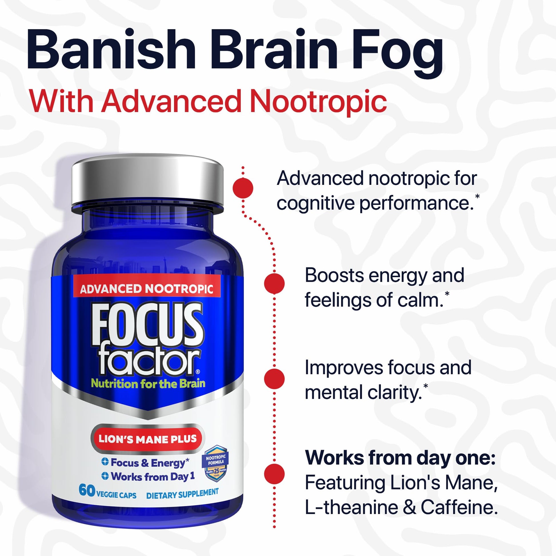 Focus Factor Lions Mane Plus, Advanced Nootropic with L-Theanine, Caffeine, Focus and Energy (60 Count) Focus Factor uk supplements
