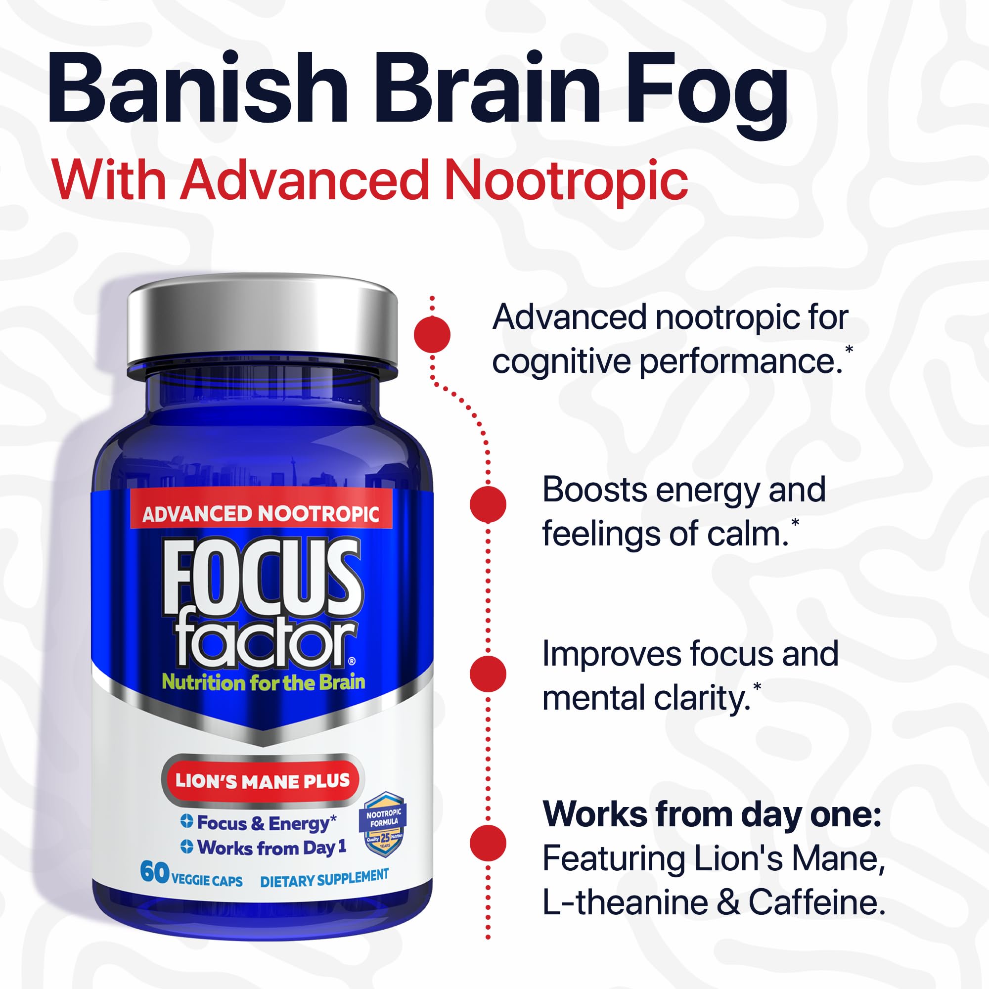 Focus Factor Lions Mane Plus, Advanced Nootropic with L-Theanine, Caffeine, Focus and Energy (60 Count) Focus Factor uk supplements