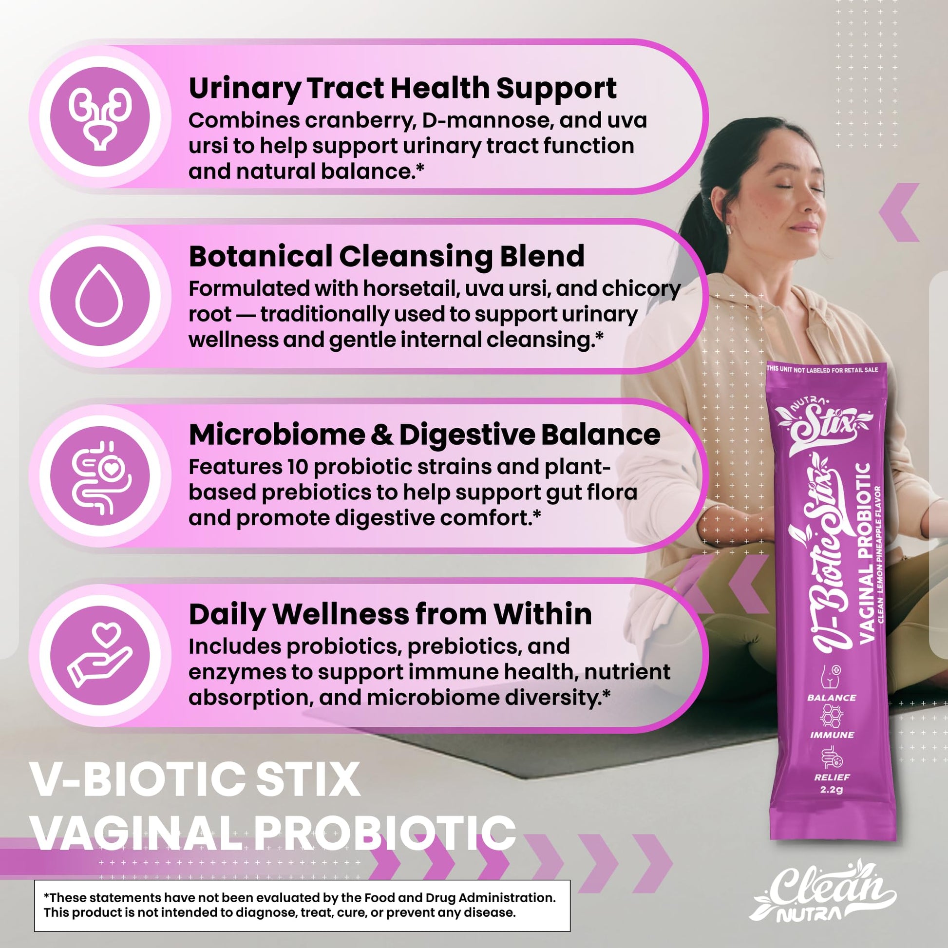 Clean Nutraceuticals Vaginal Probiotics for Women with Cranberry Extract, D-Mannose, Prebiotics, pH Balance for Women, Vaginal Health – Womens Probiotic Alternative to Gummies - 20 Stix Clean Nutraceuticals uk supplements