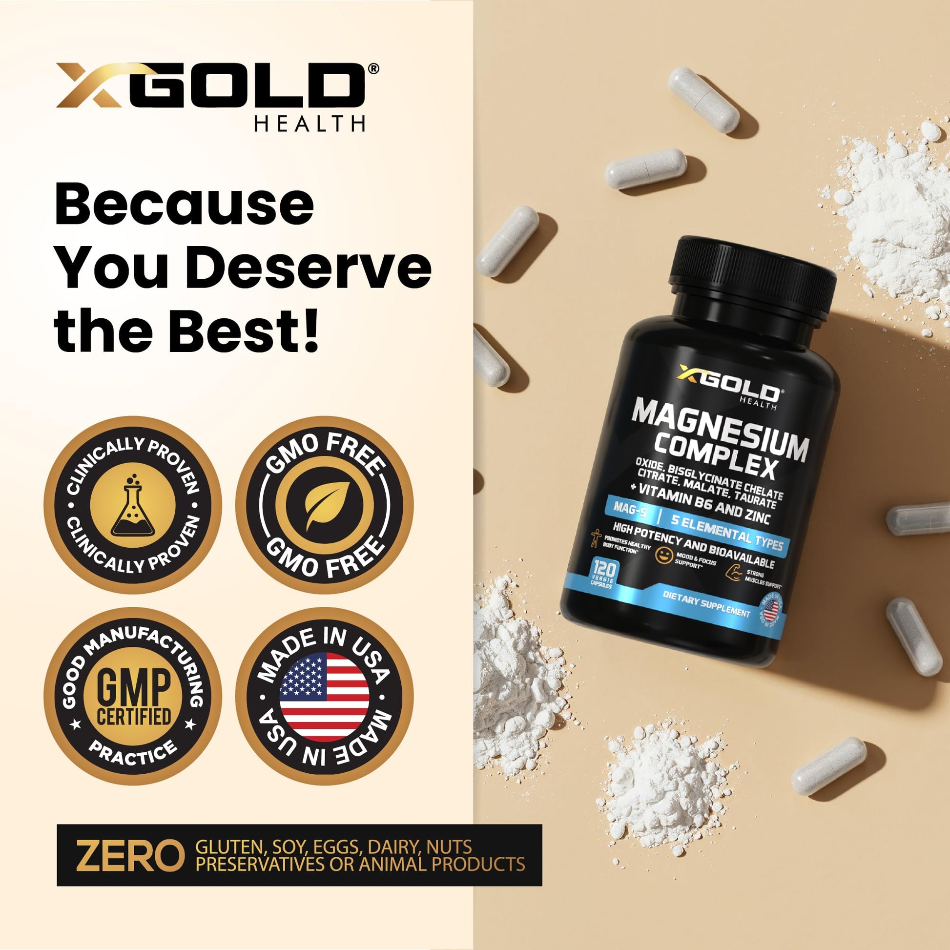 X Gold Health Magnesium Complex 5-in-1 with Zinc & B6 High Absorption Capsules (Glycinate, Citrate, Malate, Taurate, Oxide) Muscle Recovery, Energy, Sleep Support & Immune Health 500mg Made in USA X Gold Health uk supplements