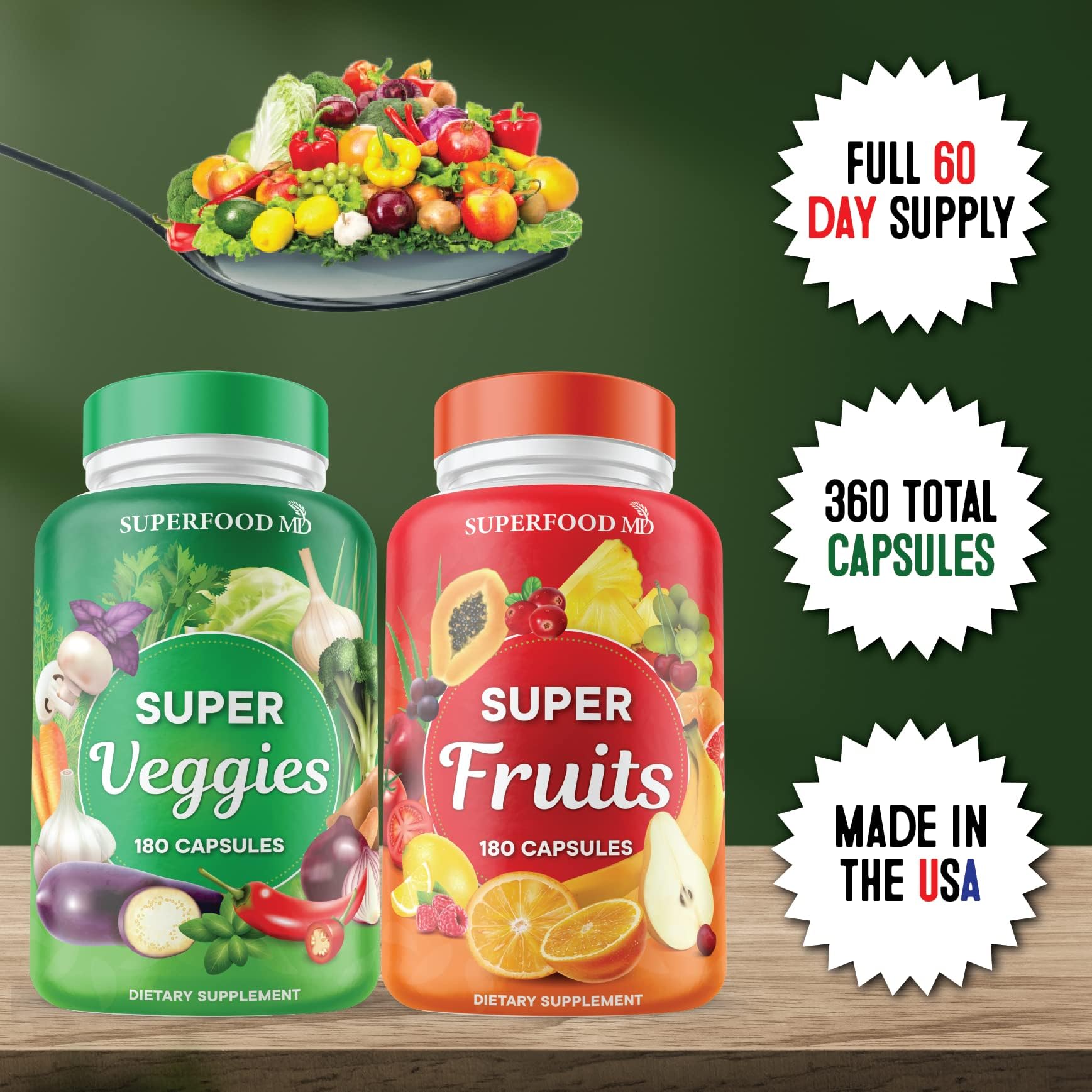 Superfood Fruit and Veggie Supplement - 360 Whole Super Fruit and Vegetable Supplements & Vitamin with Beta-Carotene, Soy Free- 180 Count (Pack of 2) Superfood MD uk supplements