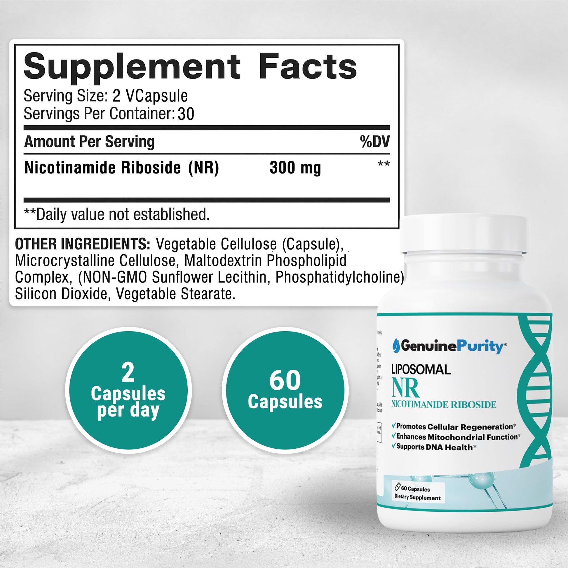 GenuinePurity Liposomal NR 300mg Nicotinamide Riboside Supplement | Advanced NAD Boost for Cellular Energy and Mitochondrial Function | Gluten Free, Vegan, USA Made, Non-GMO | 60 Capsules GenuinePurity uk supplements