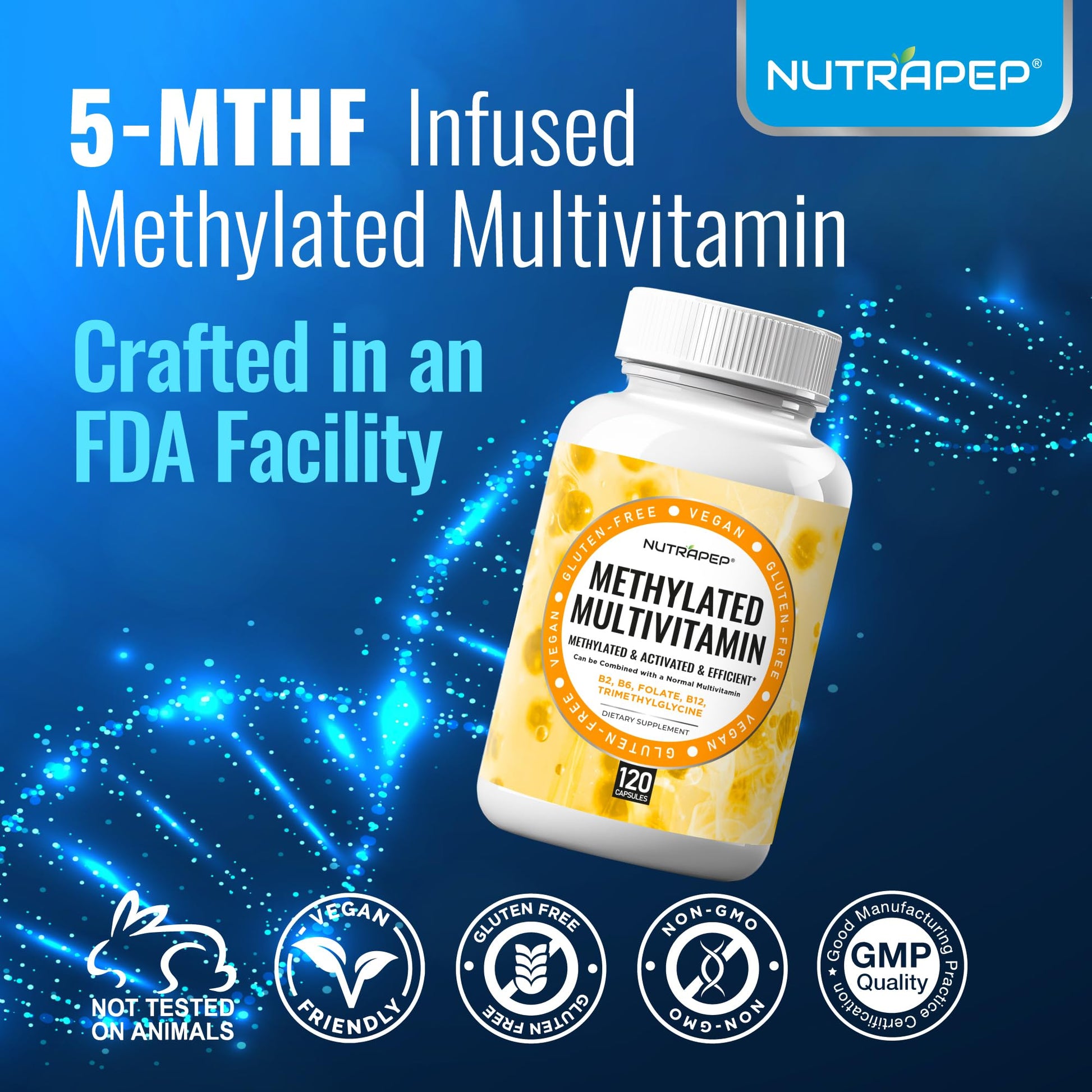 NutraPep Methylated Multivitamin for Men Women - 5-MTHF Riboflavin Vitamin B2 B6 B12 B Complex Trimethylglycine Methyl Folate L Methylfolate Capsules Supplement NutraPep uk supplements