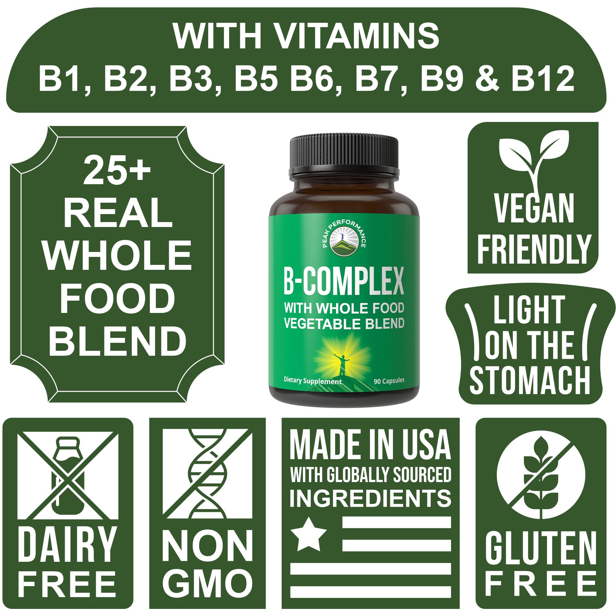 Vitamin B Complex Capsules + Whole Food Blend of 25 Vegetables and Fruits for Max Absorption. Best Vegan B-Complex Supplement with Vitamin B1, B2, B3, B5, B6, B7, B9 and B12. 90 Capsules. Energy Boost Peak Performance uk supplements