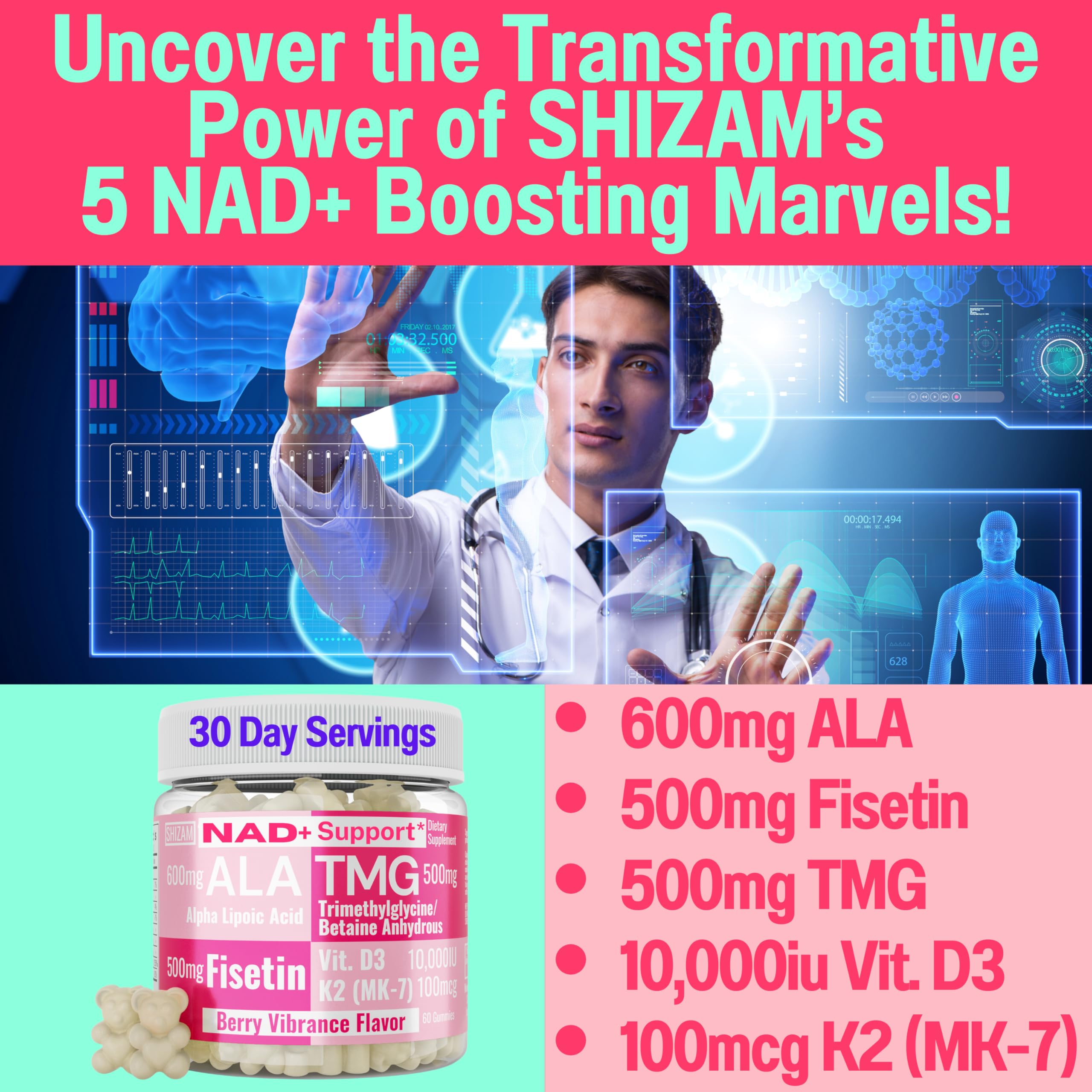SHIZAM TMG Betaine Alpha Lipoic Acid ALA D3 Fisetin Gummies, Tri-Methylglycine trimethylglycine R-Alpha NAD+ Plus + HCL Supplements, Mitochondrial Senolytic Activator, NR Capsules Powder 600mg 1000mg SHIZAM uk supplements