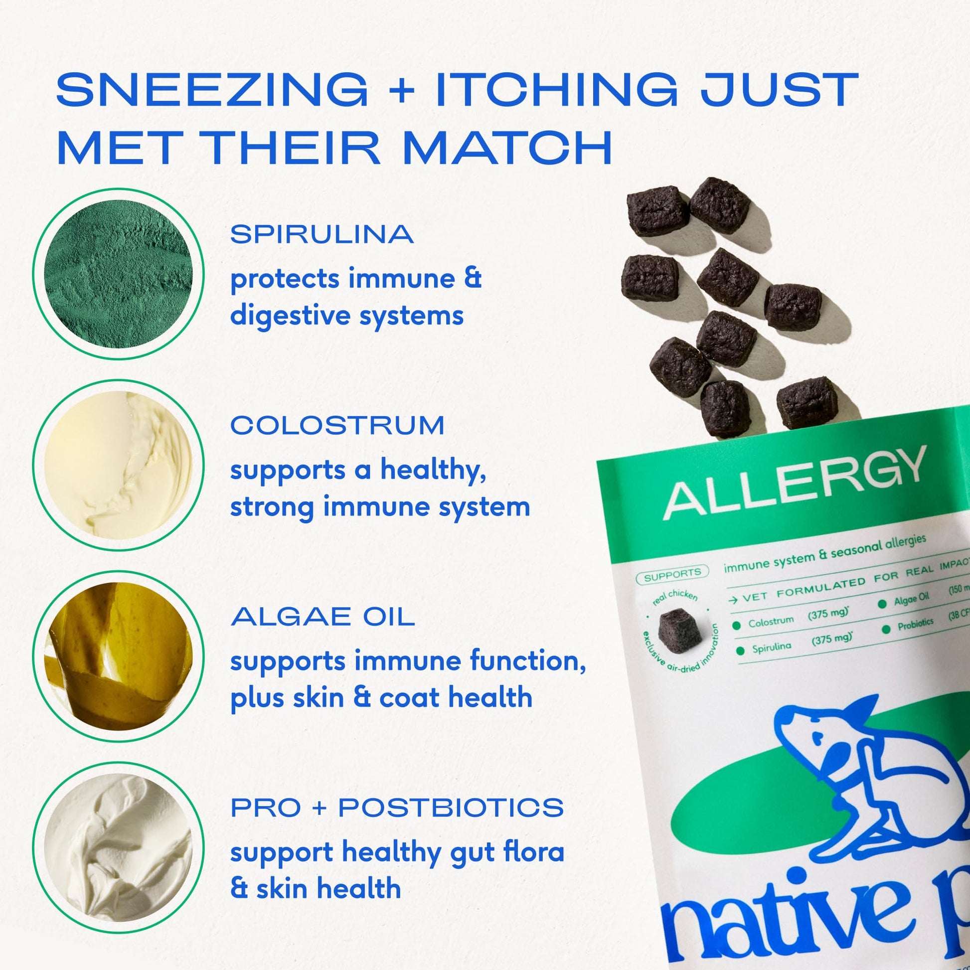 Native Pet Dog Allergy Chews - Dog Allergy Relief for Medium Breeds - Supports Seasonal Itch Relief, Healthy Immune Function & Reduces Sneezing - Colostrum, Spirulina, & Probiotics - 30 Days Supply Native Pet uk supplements
