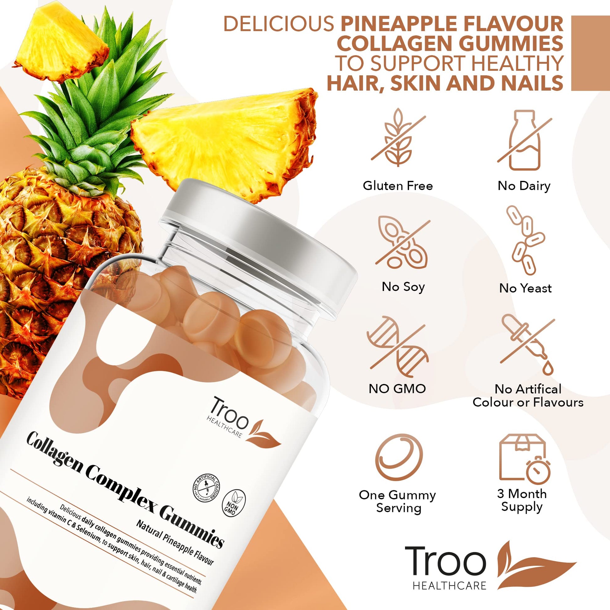 Hydrolysed Collagen Complex - 90 Natural Pineapple Flavour Chewable Gummies - One Per Day with Biotin, Vitamin C and Selenium Troo Health Care uk supplements