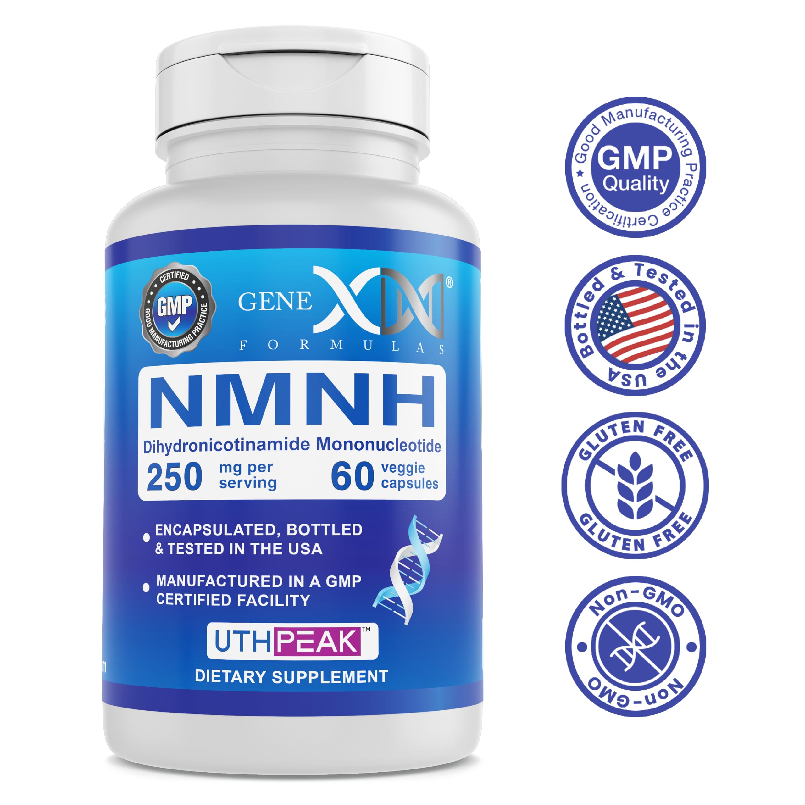 Genex Formulas 250mg NMNH (60 Capsules - 30 Servings) | Uthpeak™ NMNH (Dihydronicotinamide Mononucleotide) NAD+ Precursor for Healthy Aging - Non-GMO, Gluten-Free, Vegetarian Genex Formulas uk supplements