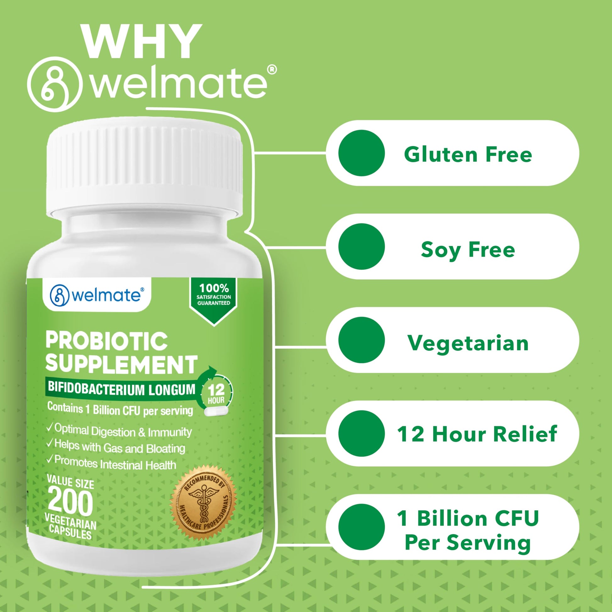 WELMATE Bifidobacterium - Probiotic Supplement - Supports Gut Health - Immune Support - Digestive Enzymes - Gluten Free - Vegan - Men & Womens Probiotic - Value Size - 200 Count WELMATE uk supplements